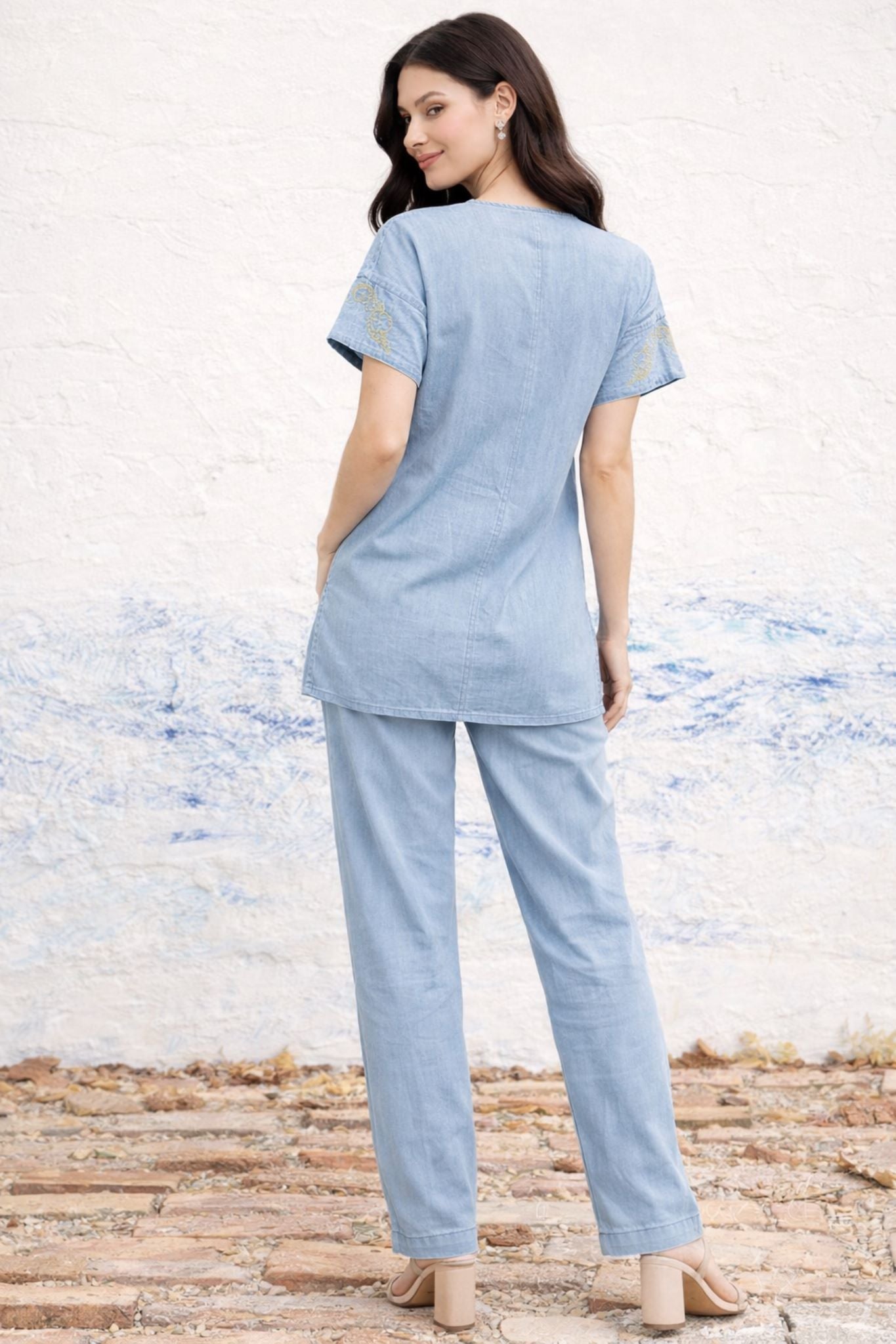 Embroidered Co-Ord Set - Blue | Lyocell Denim