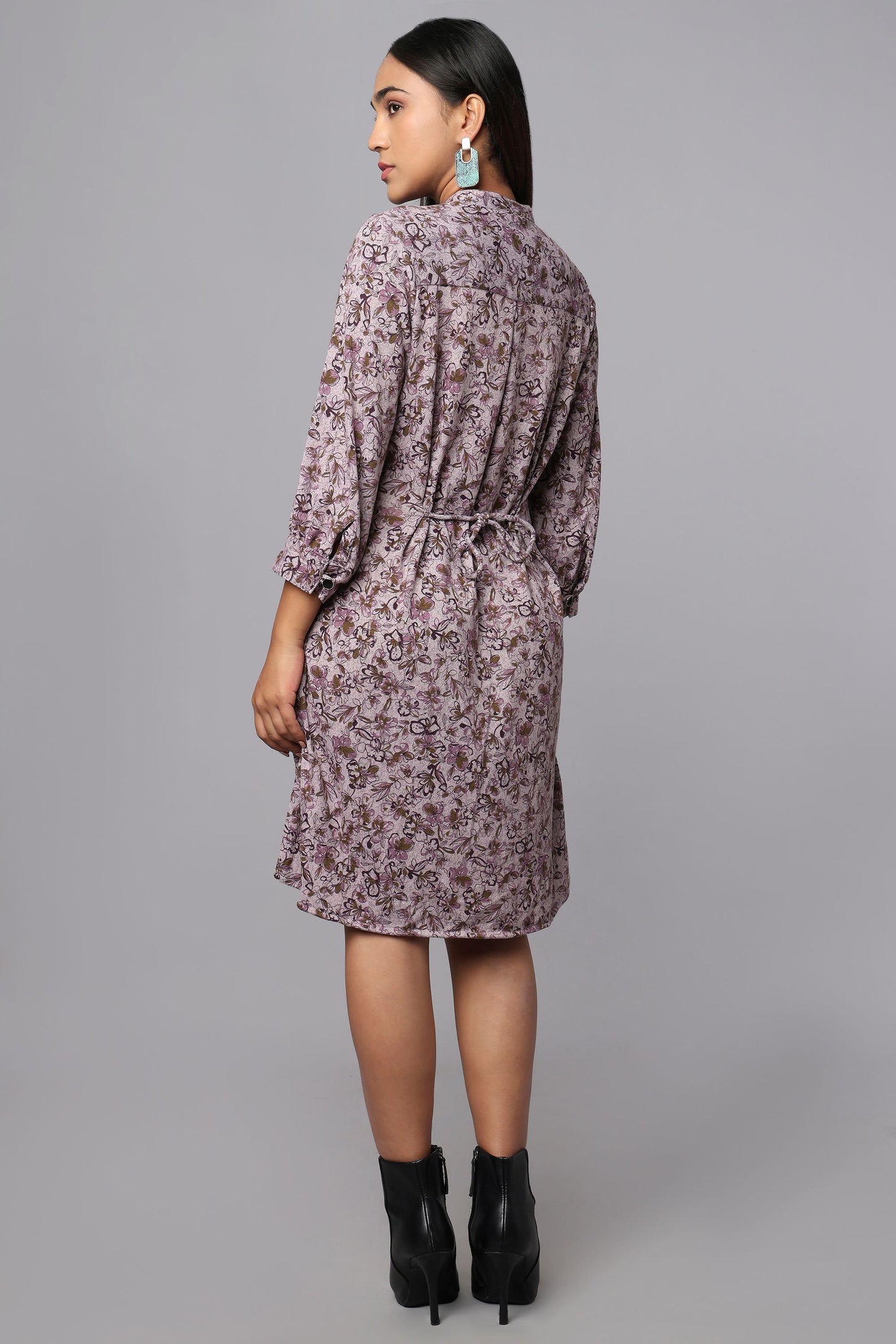 Purple Floral Shirt Dress with Waist Belt