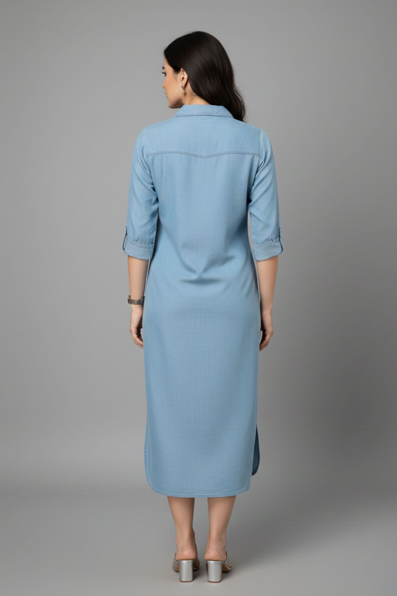 Embroidered Shirt Collar Midi Dress - Blue | Lyocell Denim