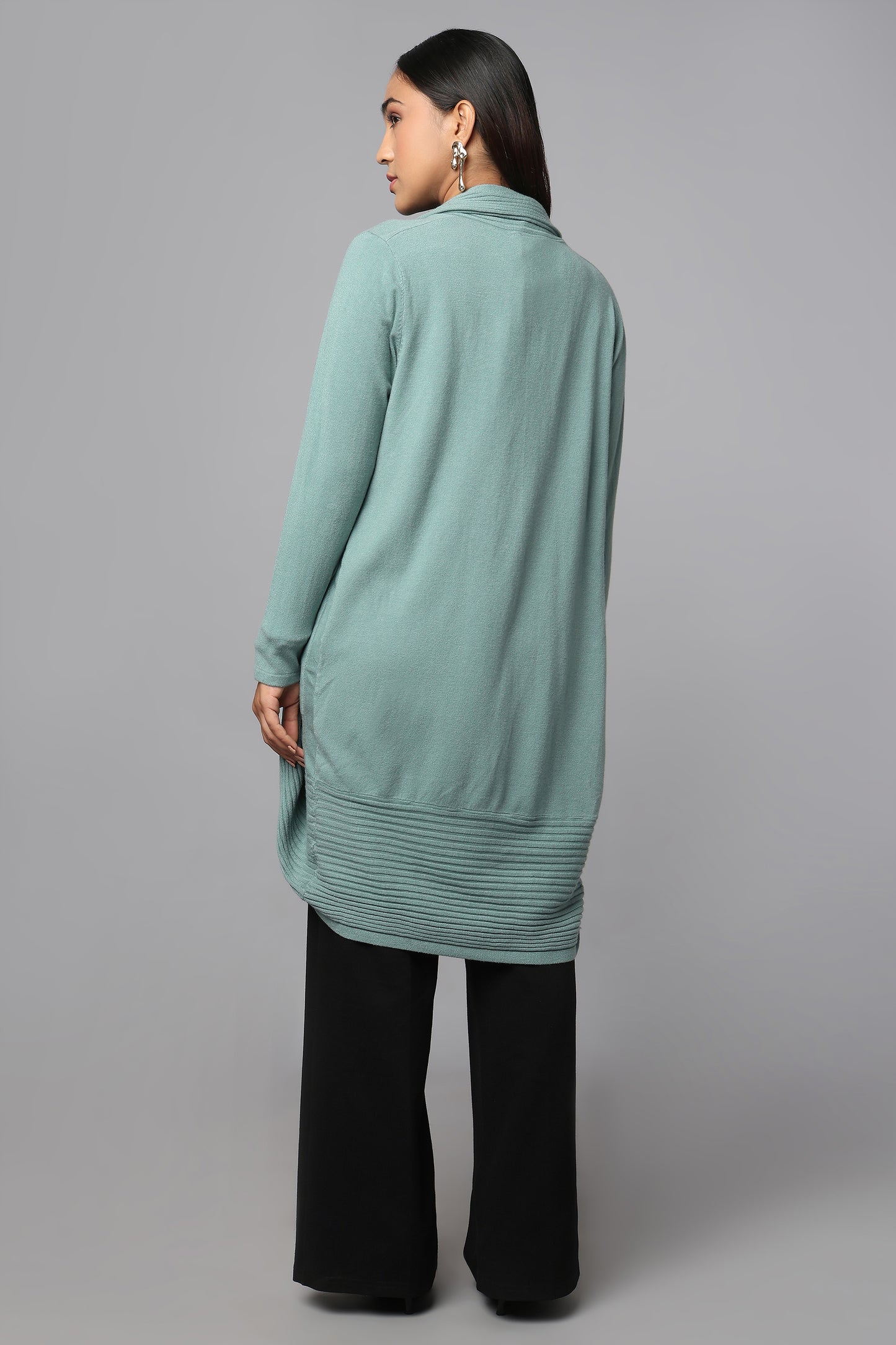 Longline Knit Sweater with Draped Hem - Sage