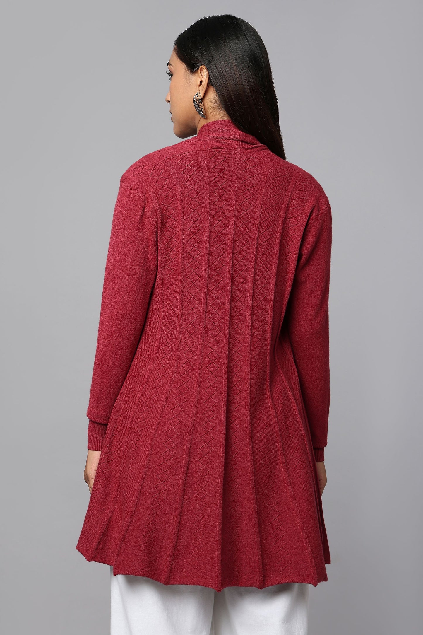 Diamond Knit Longline Cardigan - Maroon