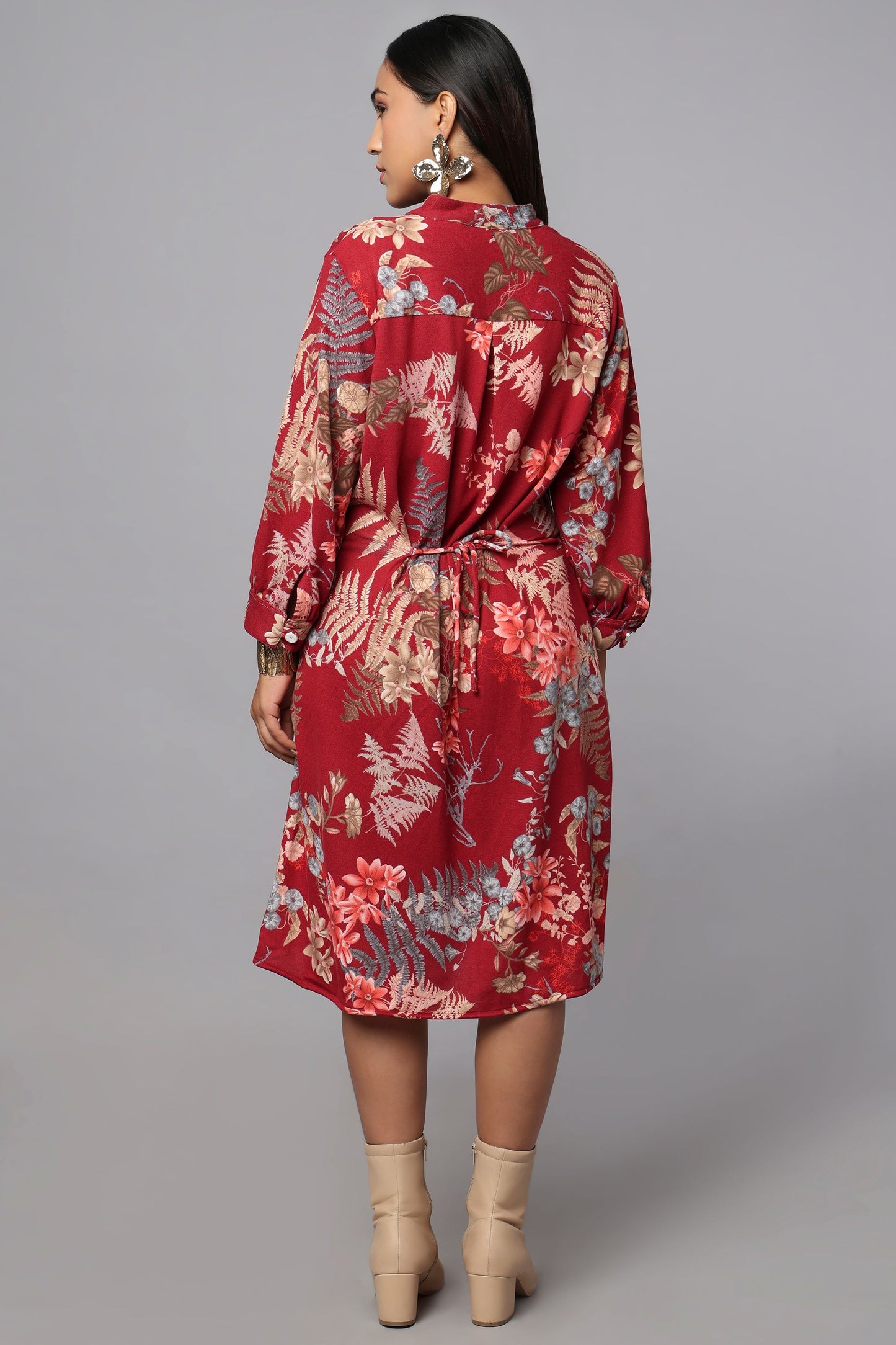 Red Printed Tie-Waist Shirt Dress