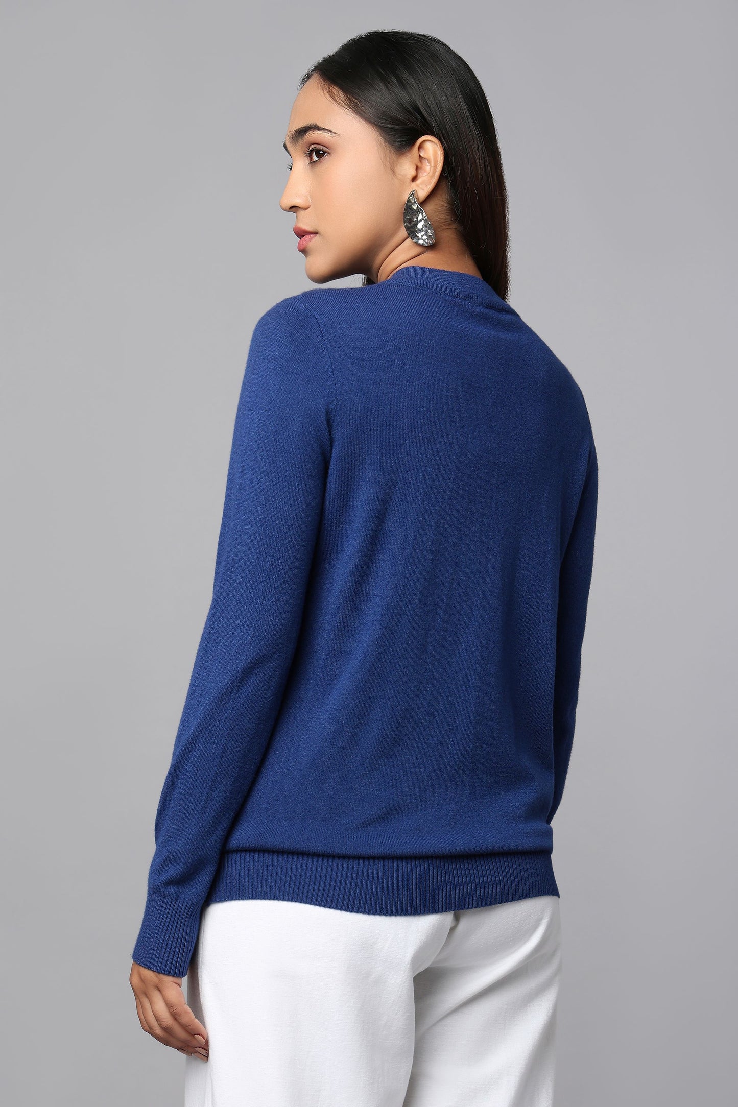 Knit Zip-Front Blue Sweater with Pocket Detail
