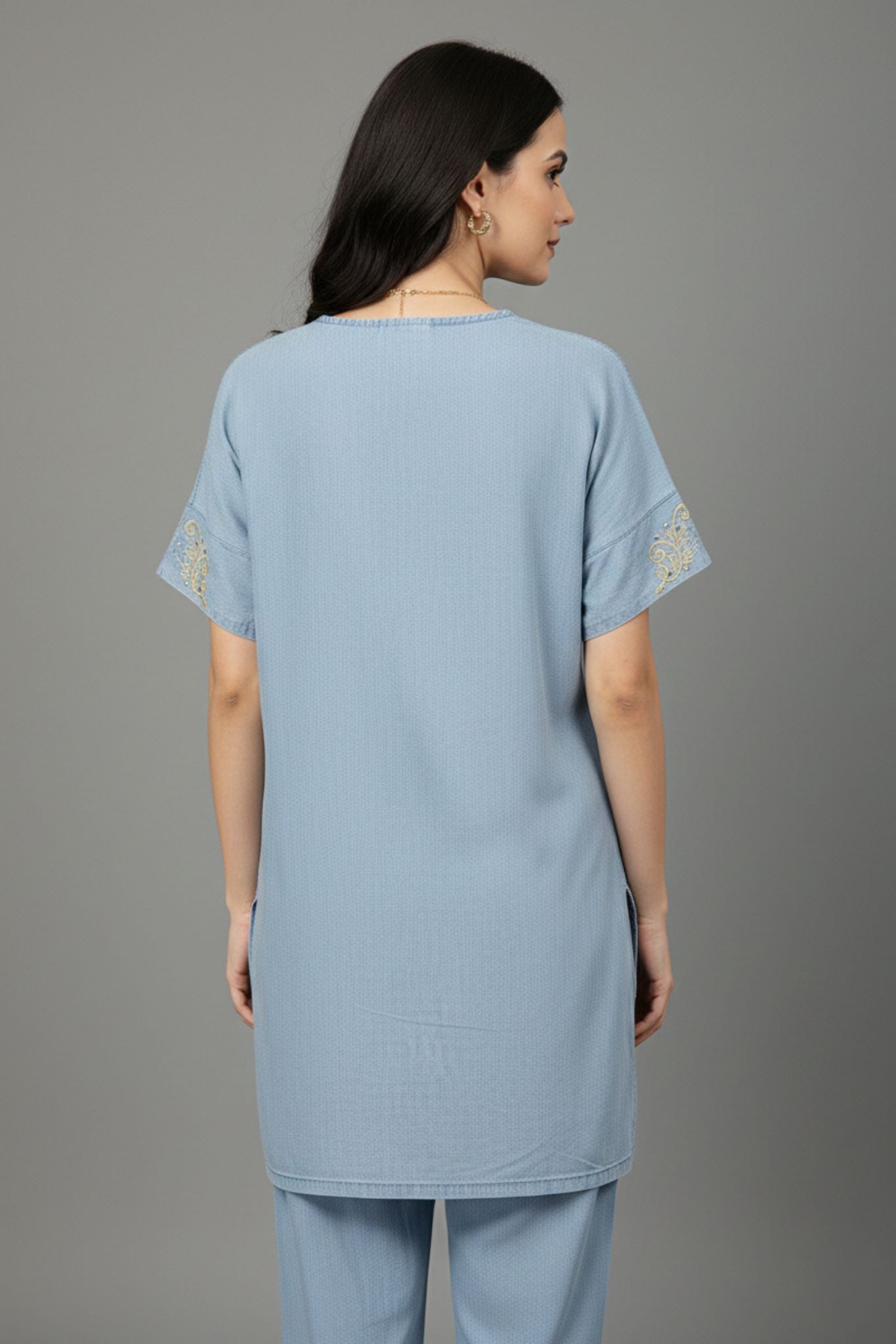 Short Sleeves Embroidered Tunic - Blue | Lyocell Denim
