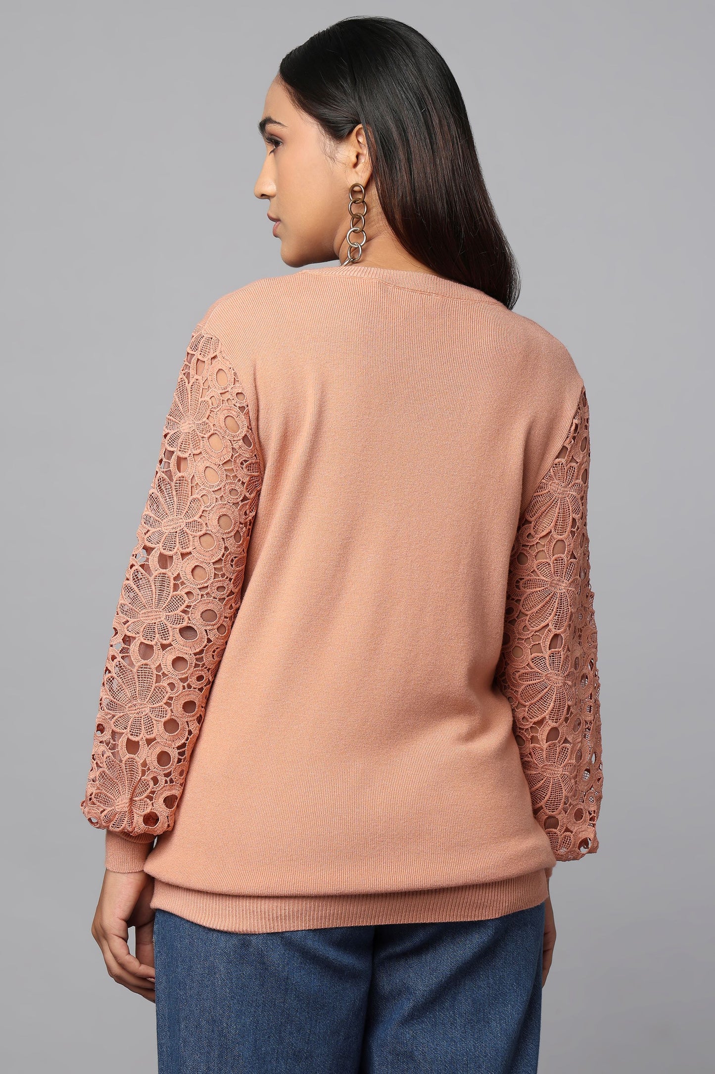 Lace Sleeve Pink Knit Sweater