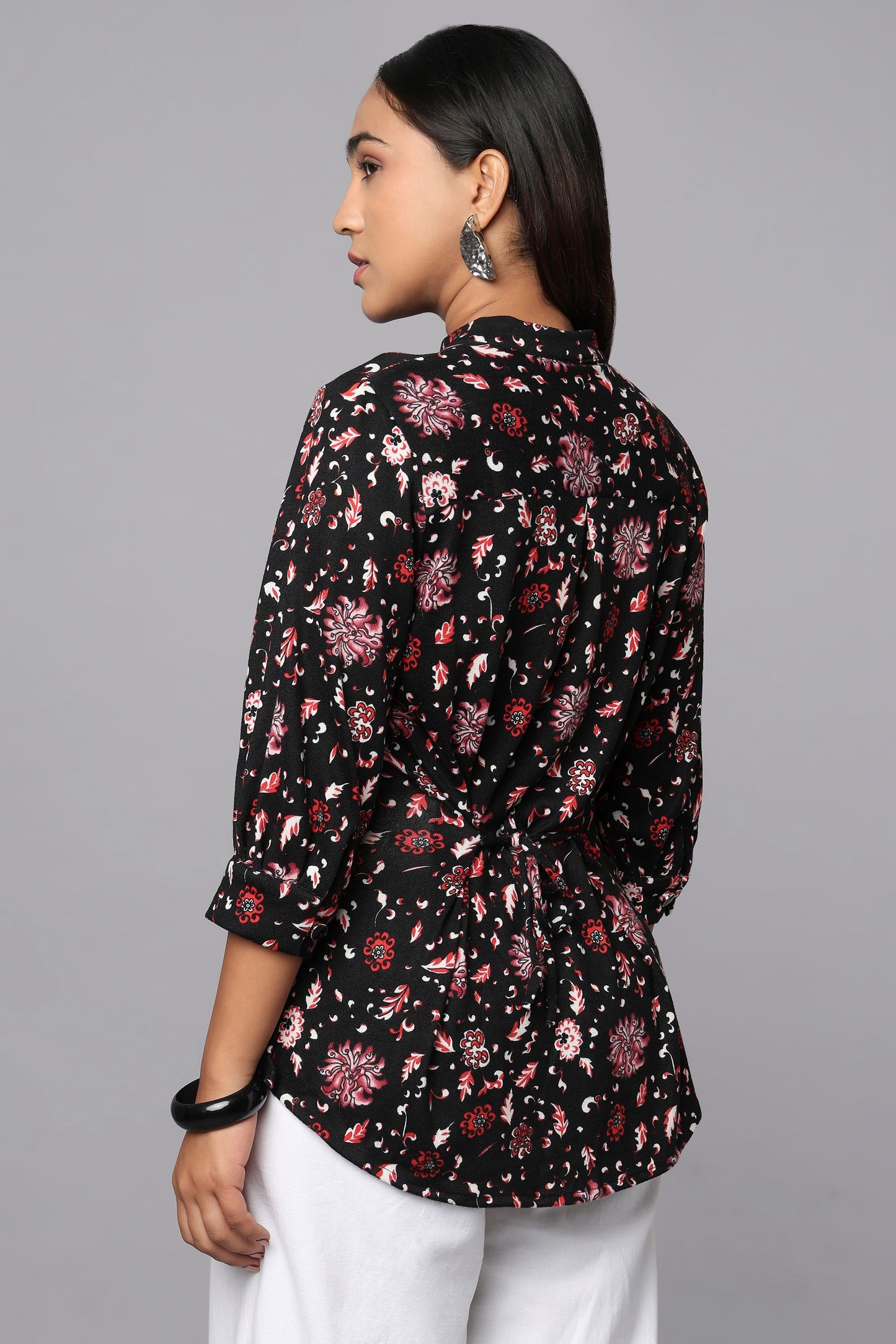 Black Printed Waist-Tie Shirt Top