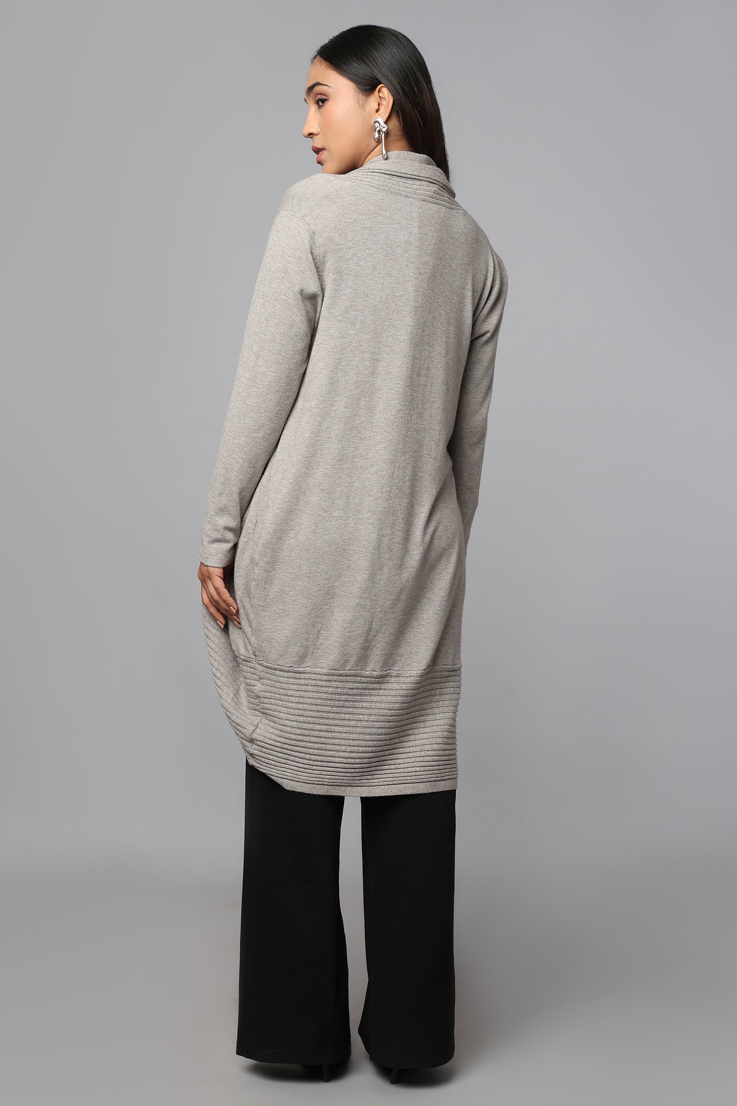 Longline Knit Sweater with Draped Hem - Grey