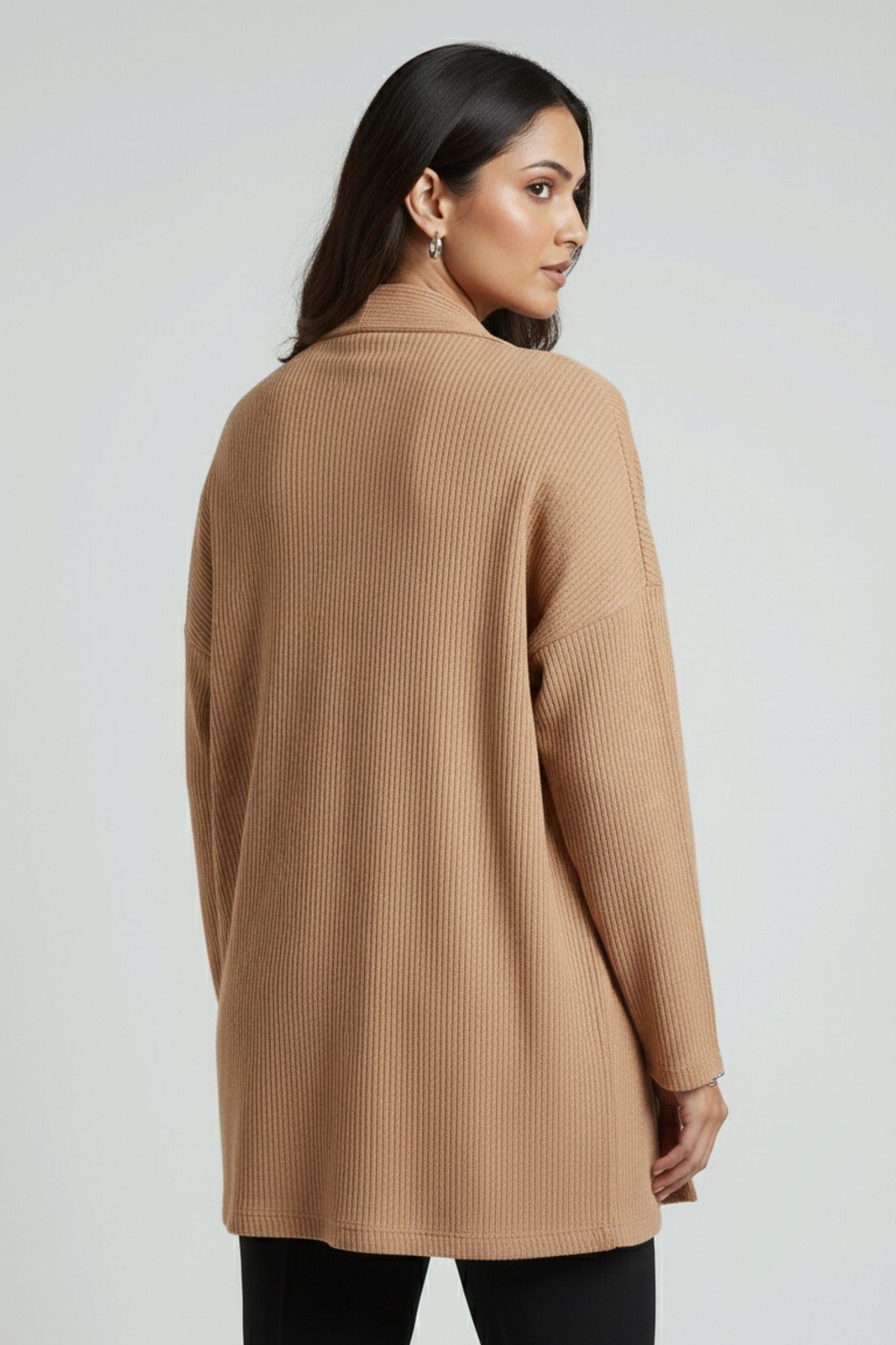 Dark Beige Ribbed Open Shrug