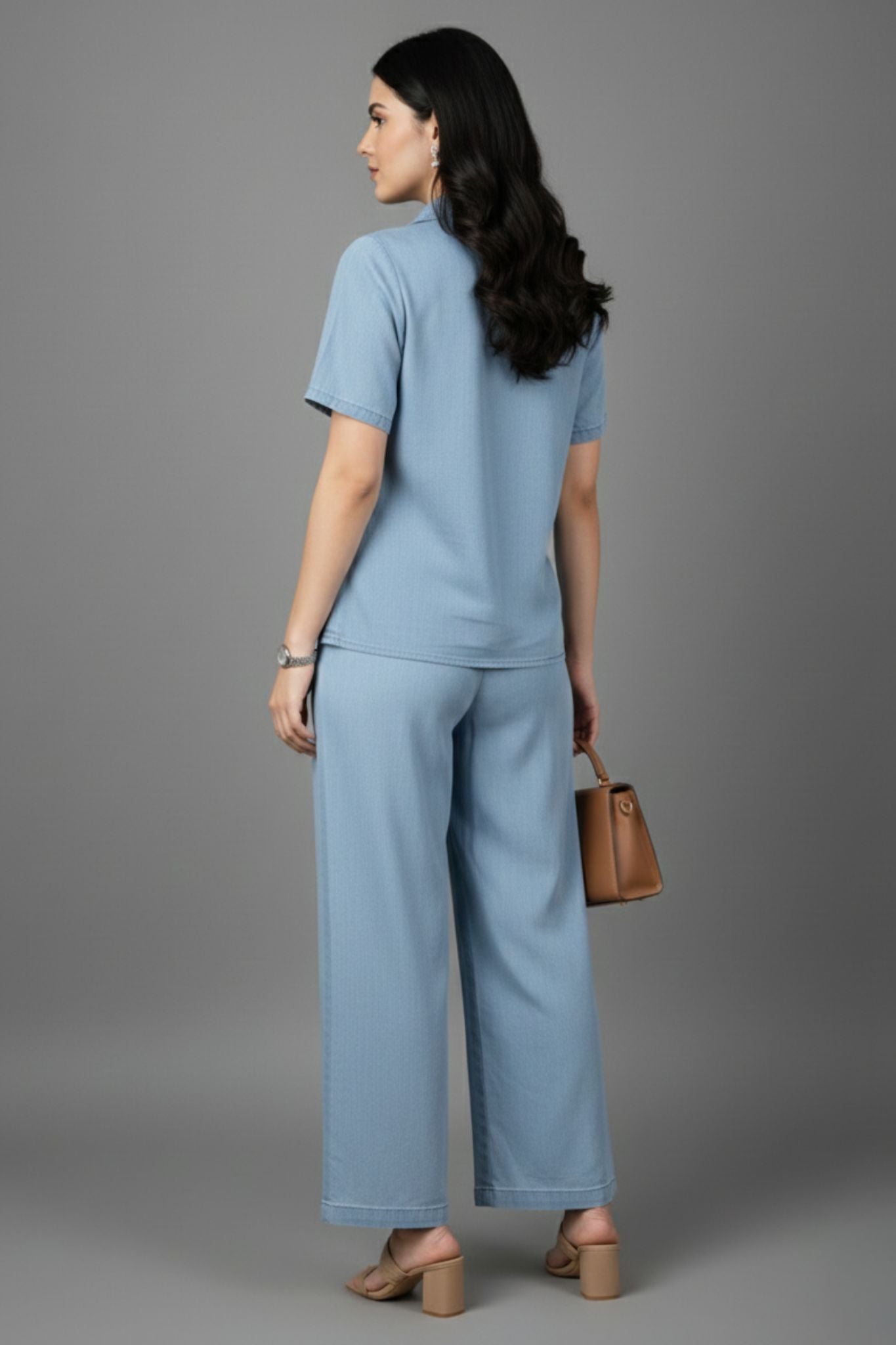 Embroidered Co-Ord Set - Blue | Collared Lyocell Denim