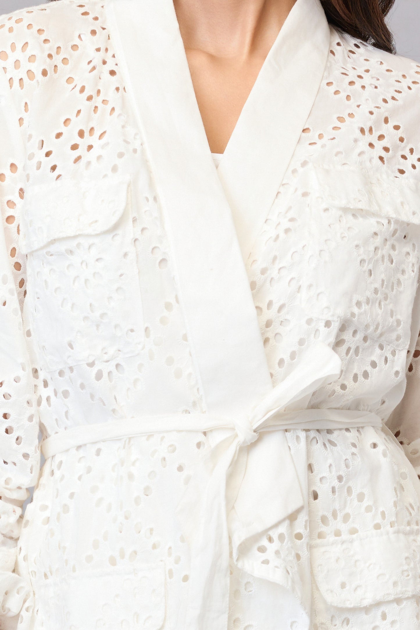 Classic White Belted Schiffli Shirt