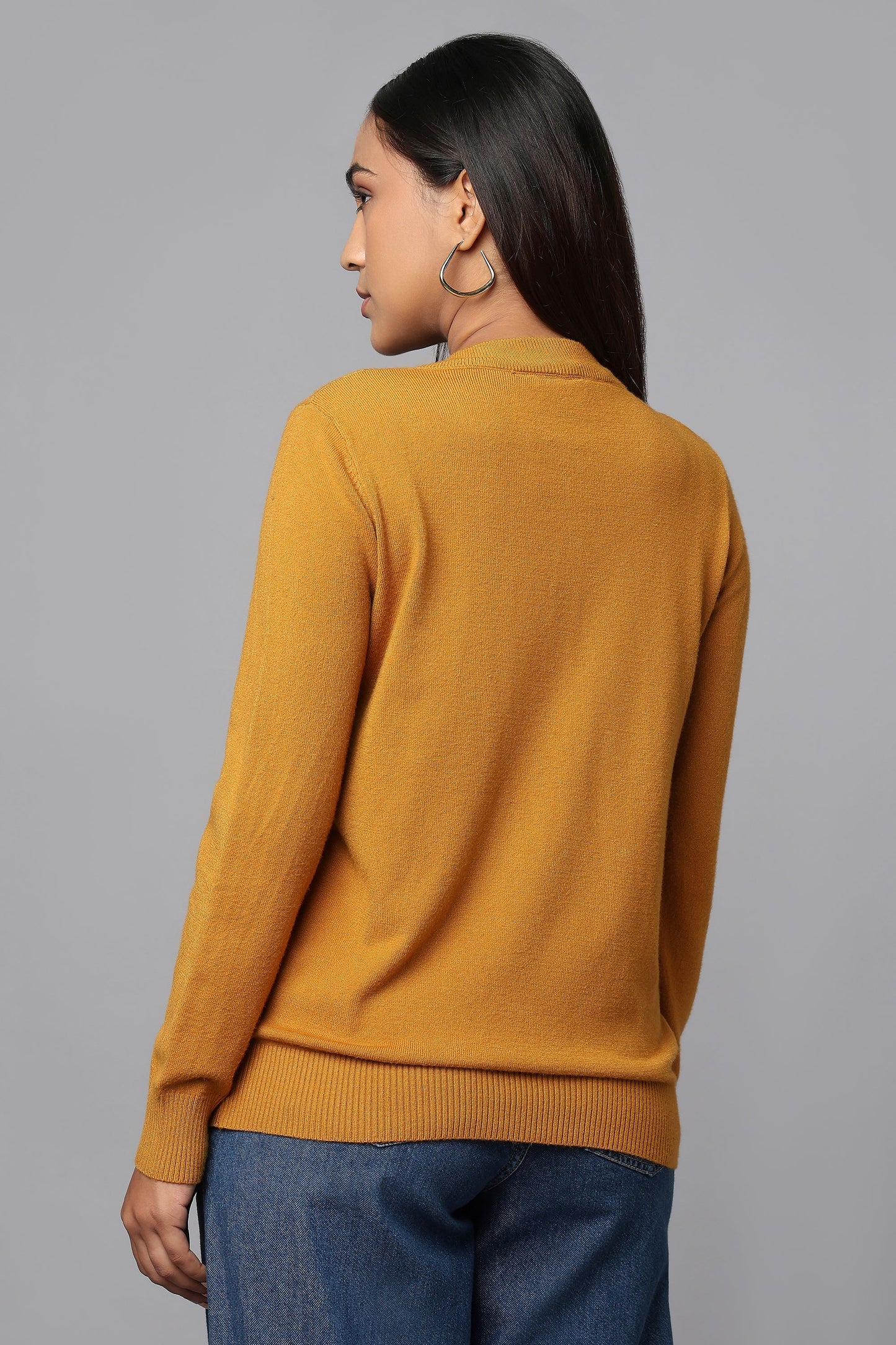 Knit Zip-Front Ocher Sweater with Pocket Detail