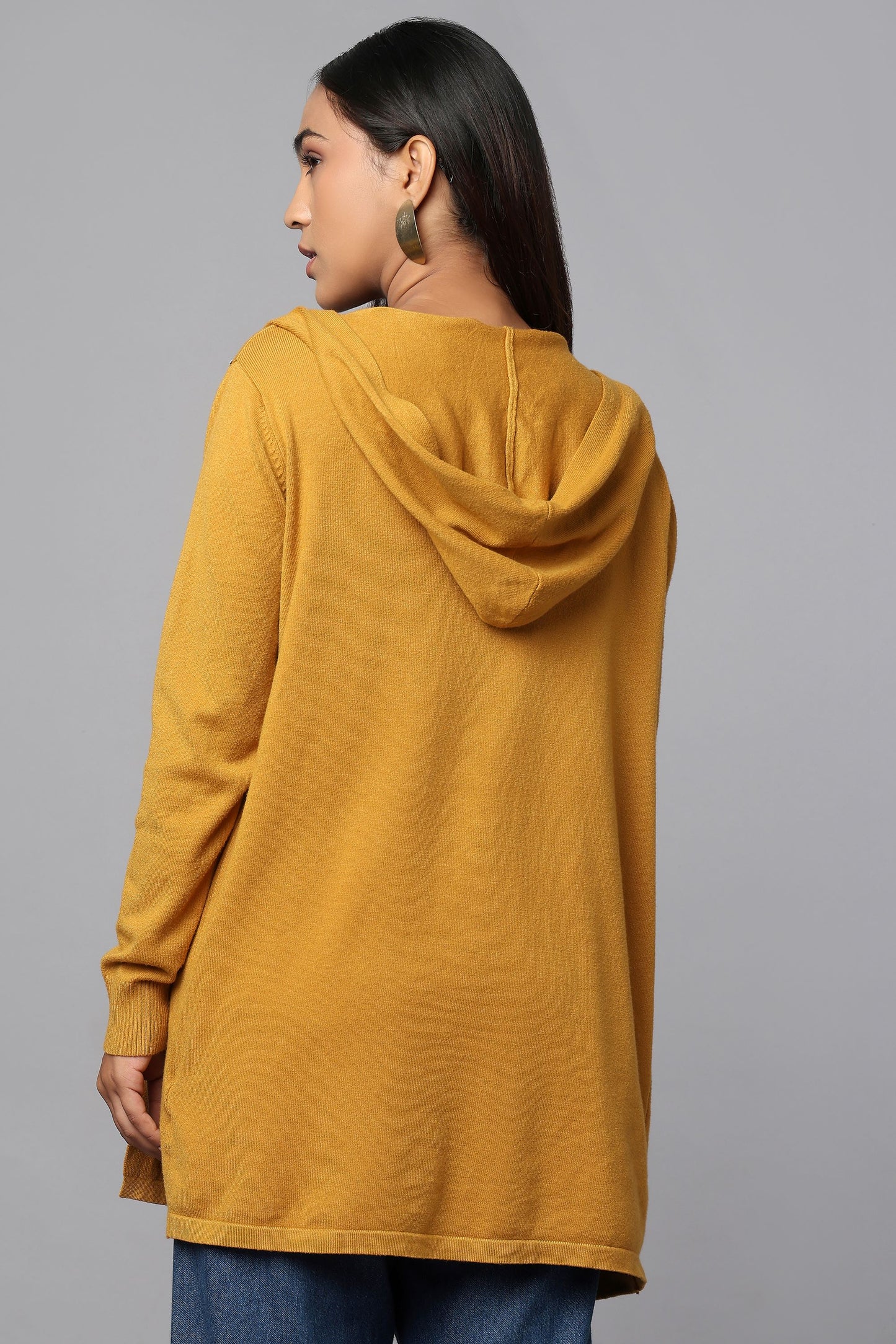 Hooded Embellished Longline Cardigan - Ocher