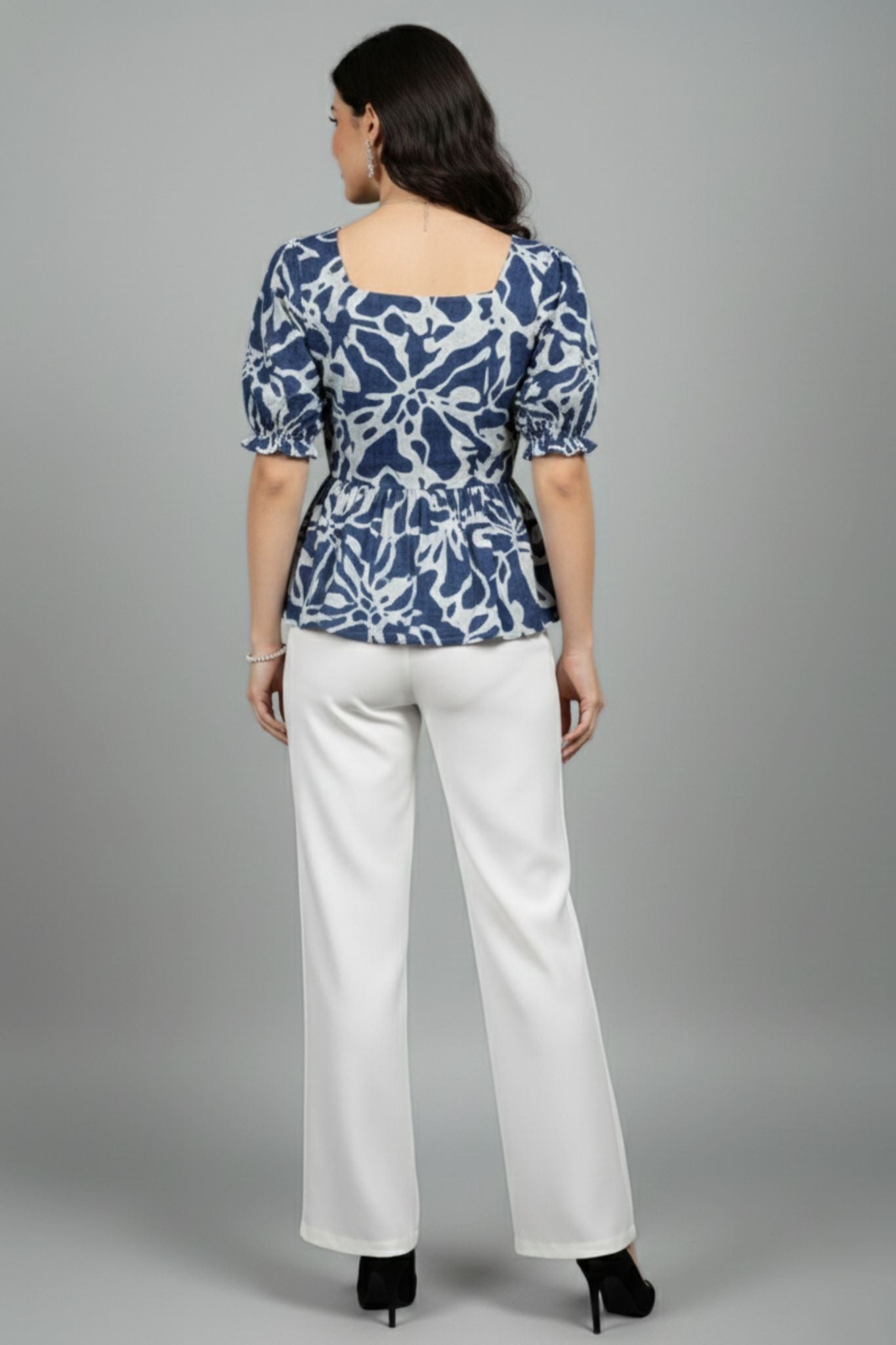 Puff Sleeve Peplum Top - Blue | Lyocell Denim