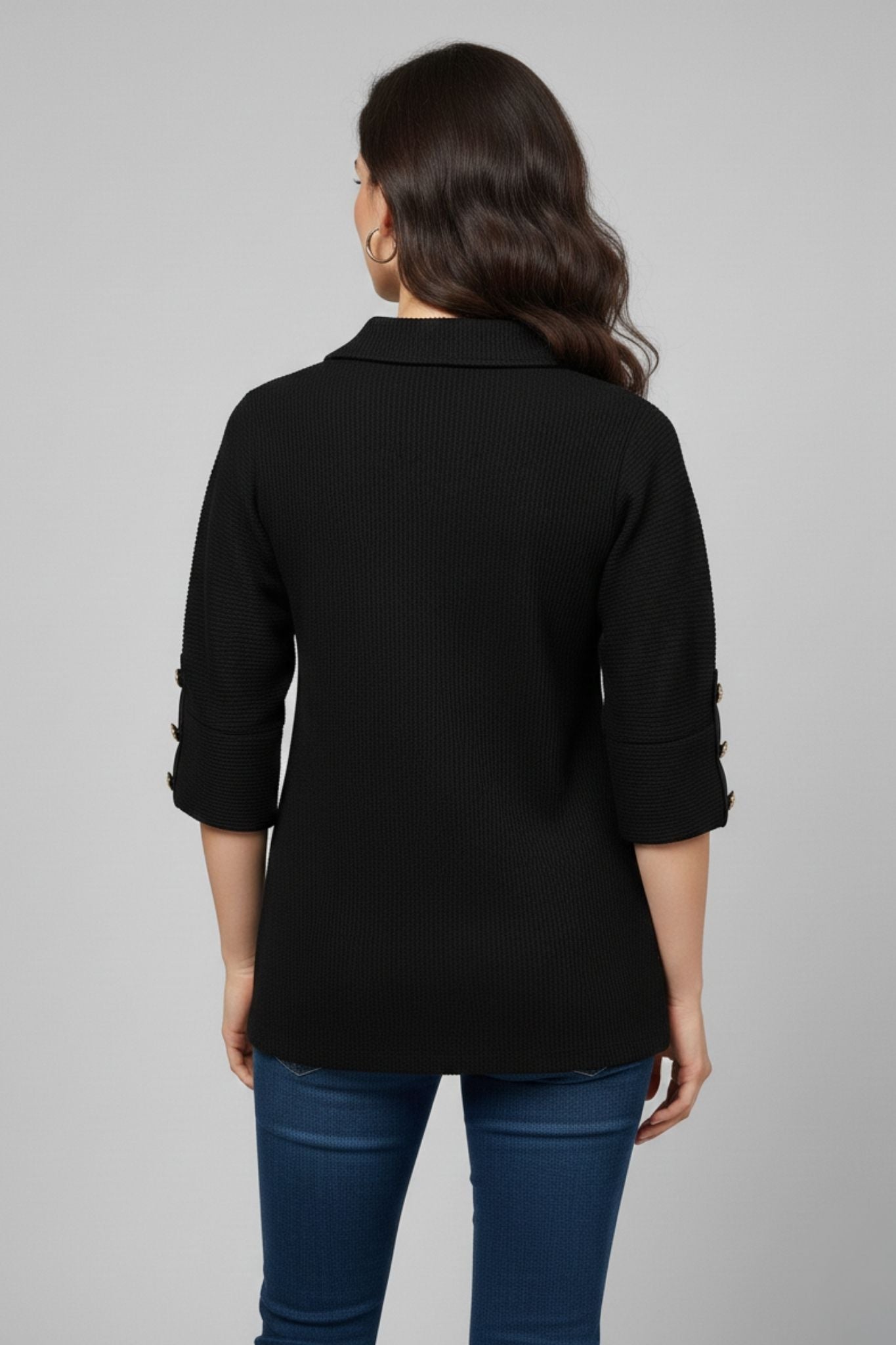 Black Textured Zip-Neck Top