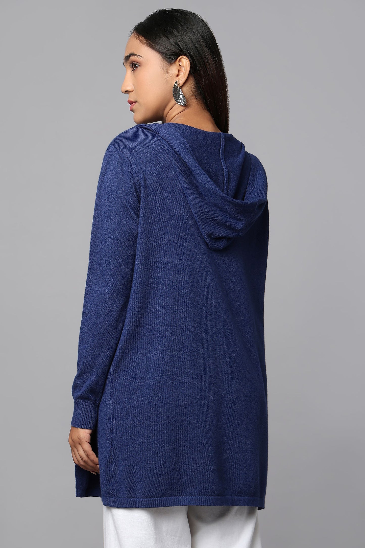 Hooded Embellished Longline Cardigan - Blue