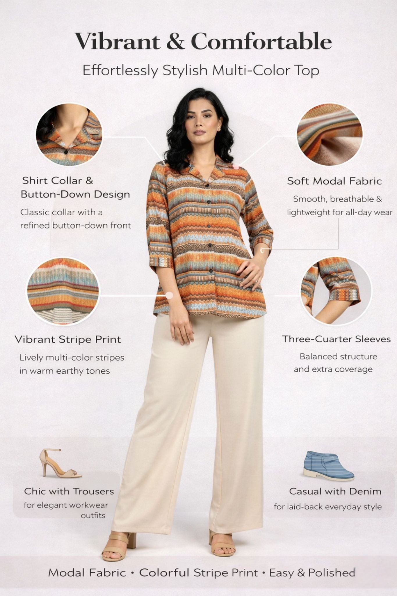 Long Sleeves Collared Top – Multi | Modal