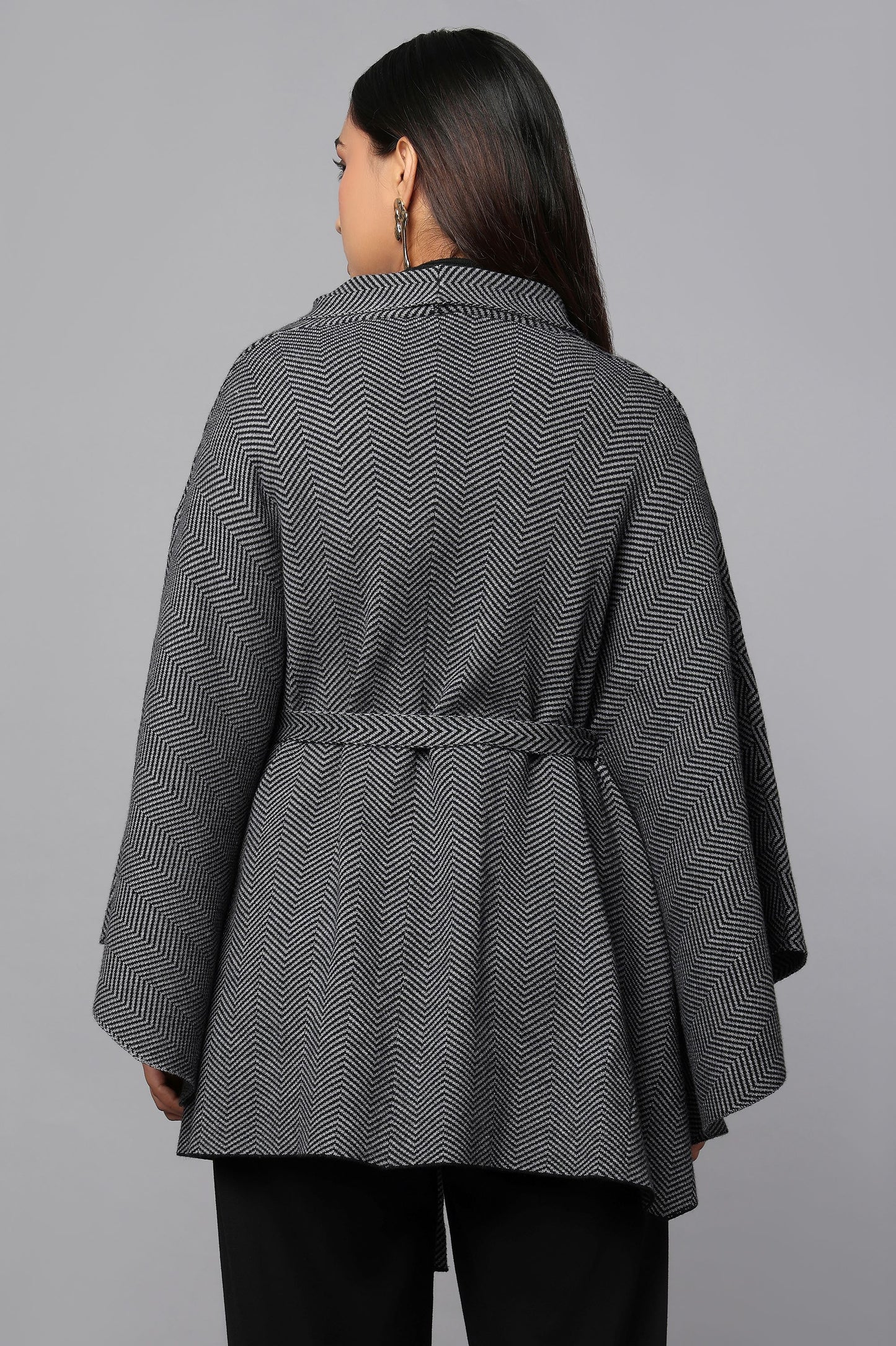 Belted Cape Sweater with Flared Hem - Black