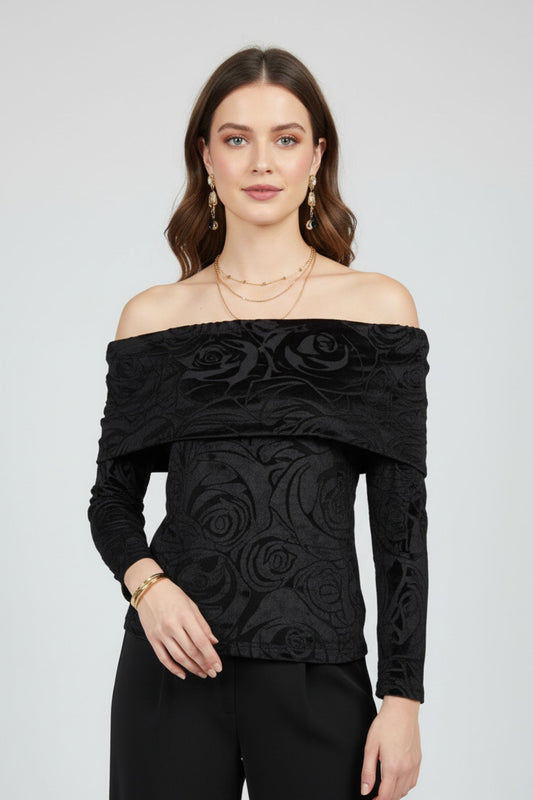 Black Off-Shoulder Velvet Burnout Top