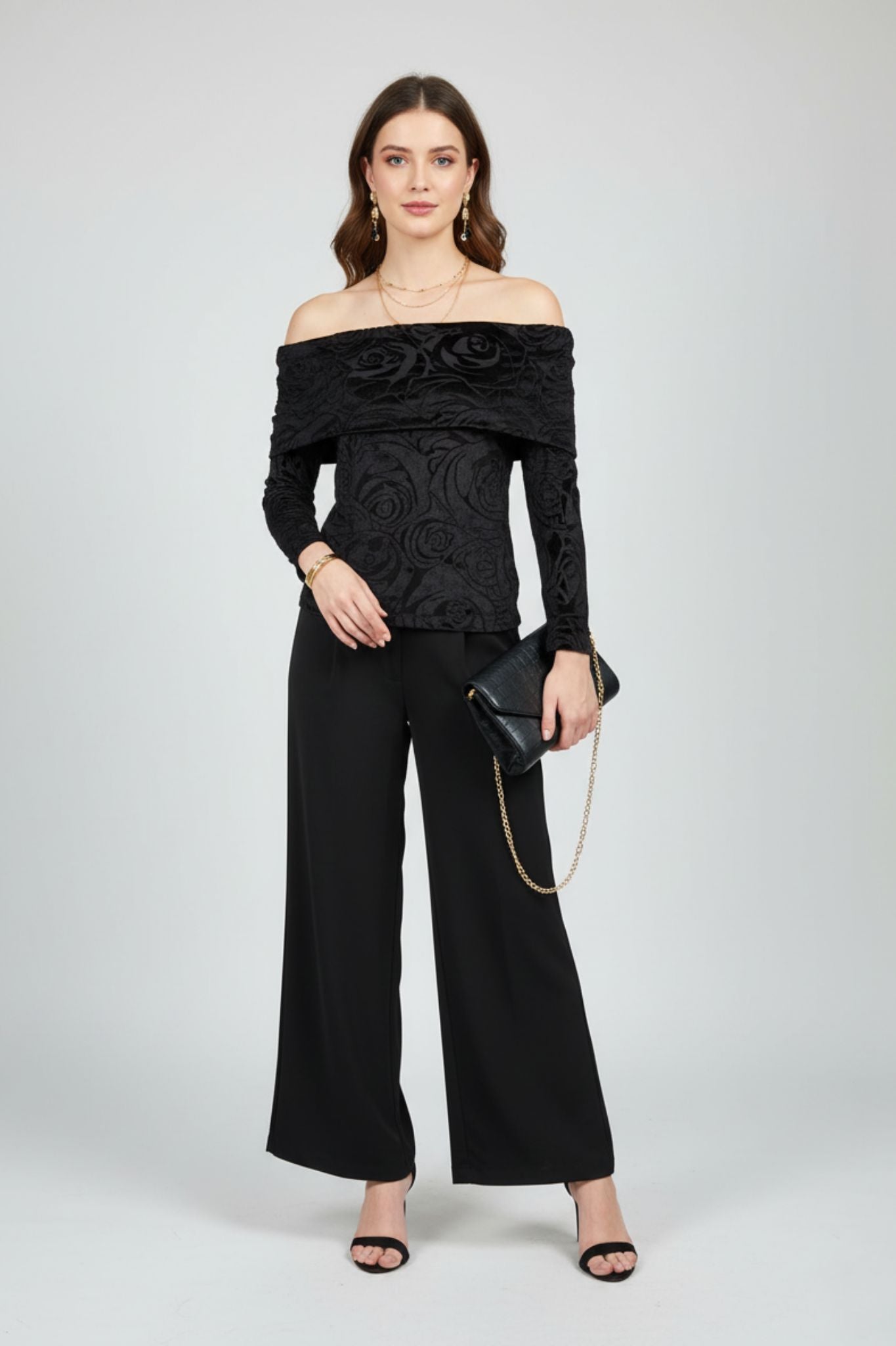 Black Off-Shoulder Velvet Burnout Top