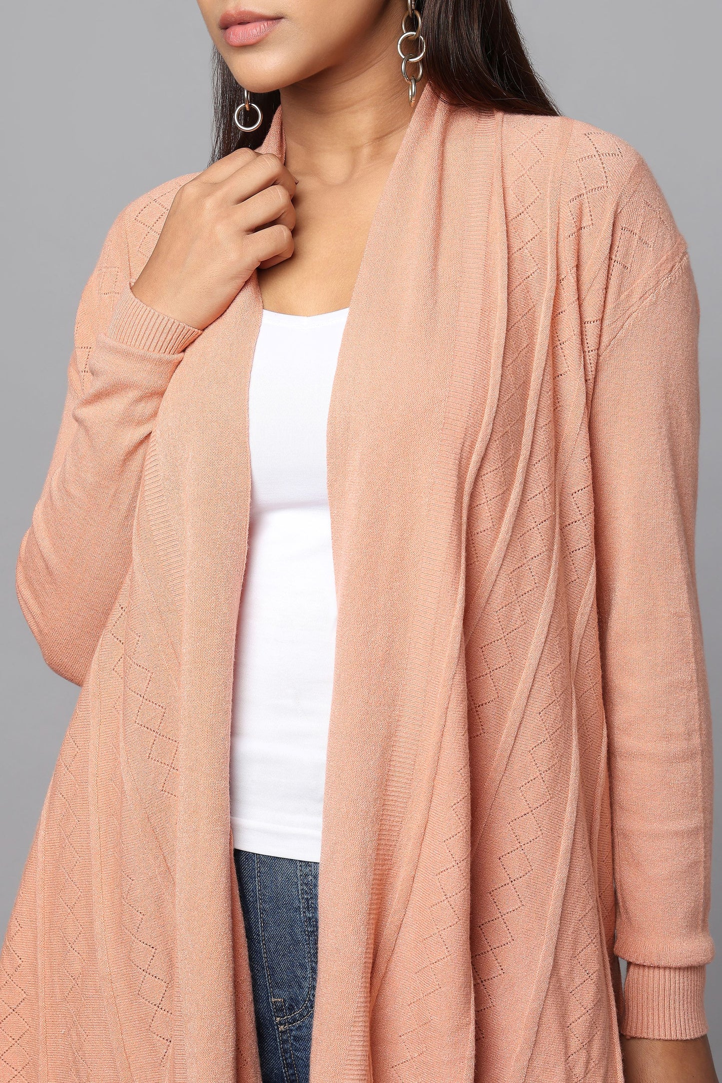 Diamond Knit Longline Cardigan - Pink