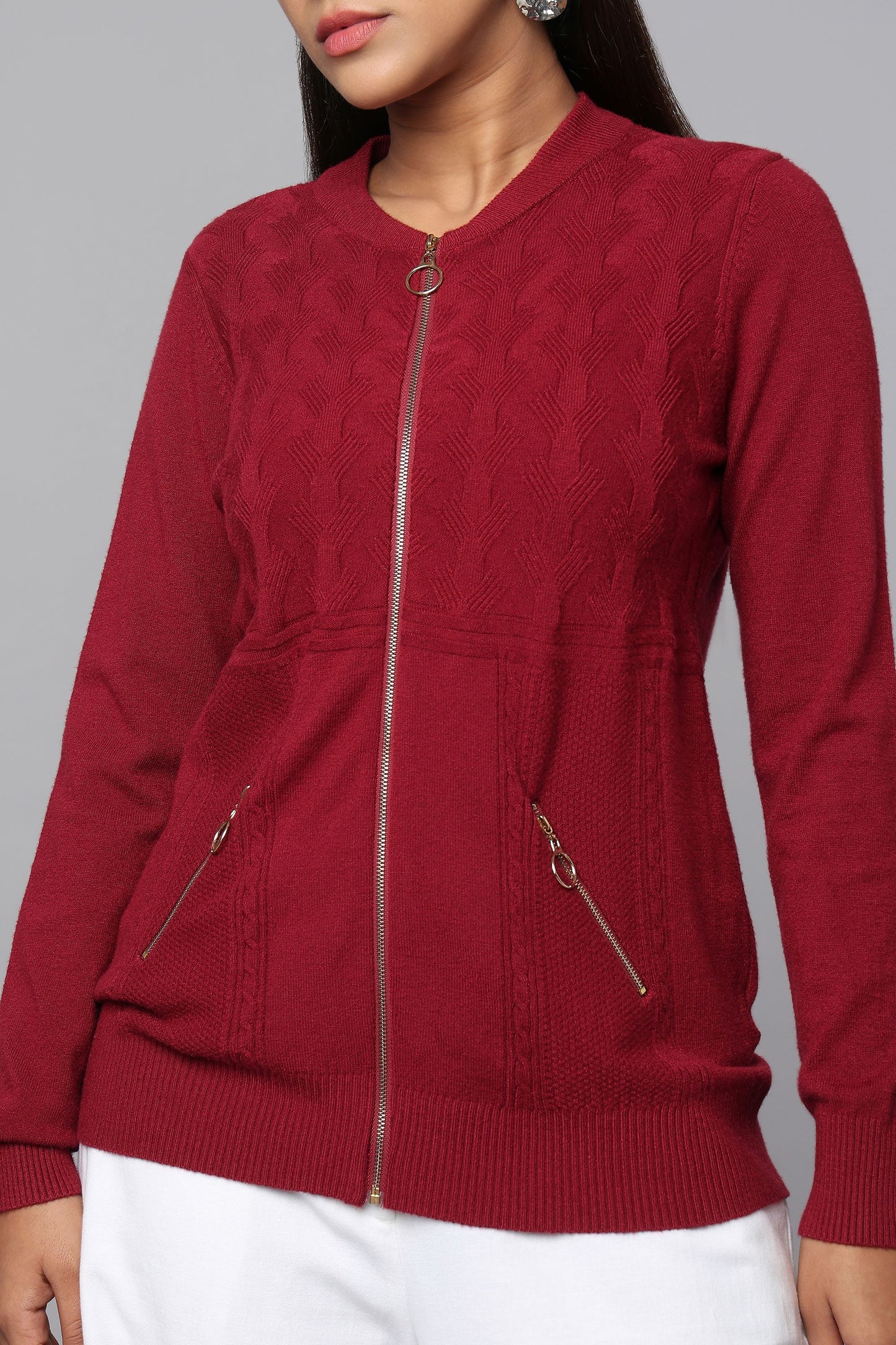 Knit Zip-Front Maroon Sweater with Pocket Detail