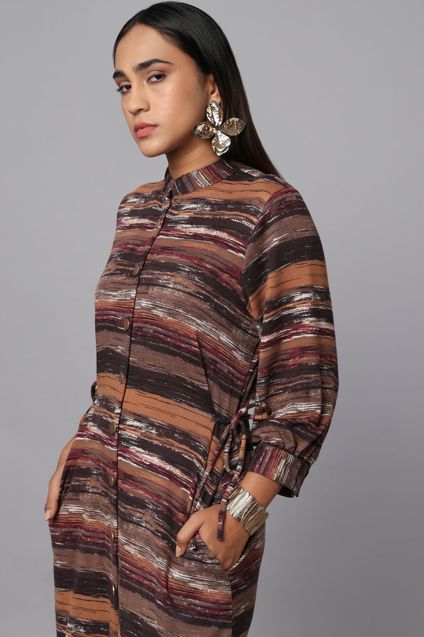 Earthline Knit Shirt Dress with Drawstring Waist