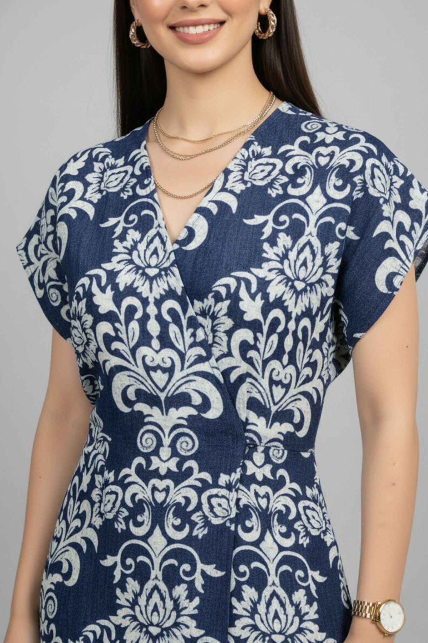 V-neck Printed Midi Dress - Blue | Lyocell Denim