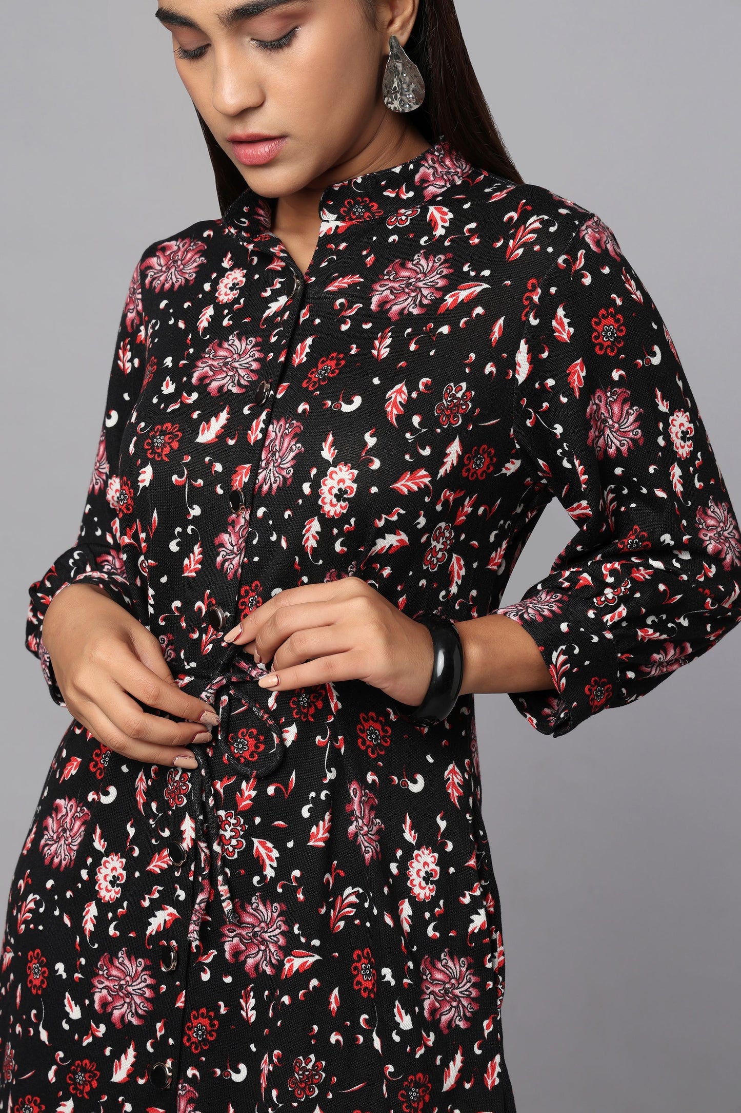 Black Printed Tie-Waist Shirt Dress
