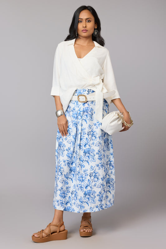 Elegant Blue Floral A-Line Skirt