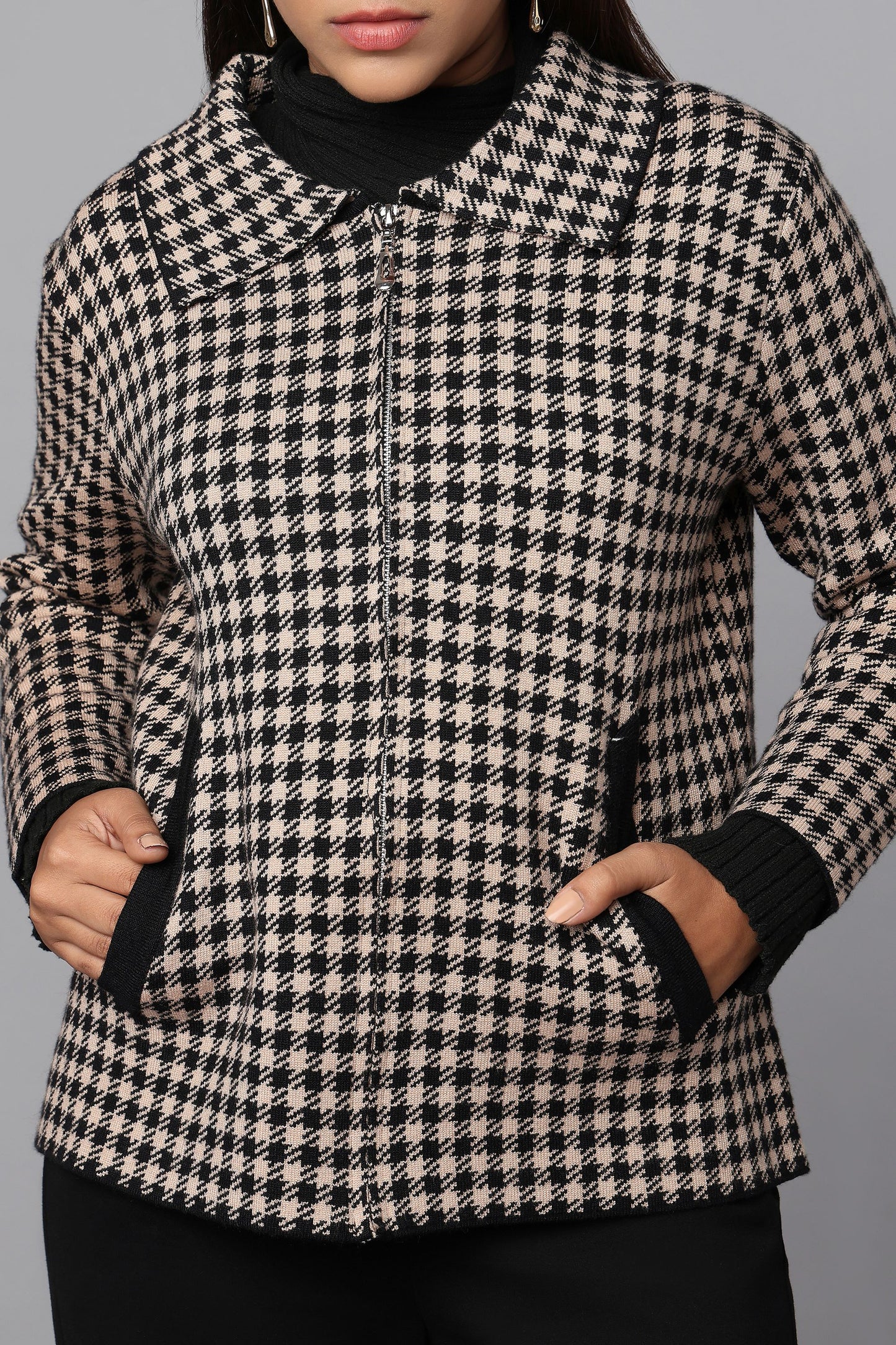 Houndstooth Black Zip-Up Sweater