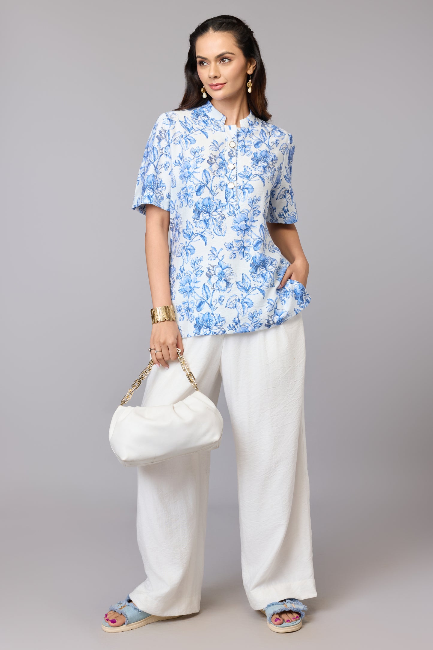 Elegant Blue Floral Print Mandarin Collar Top