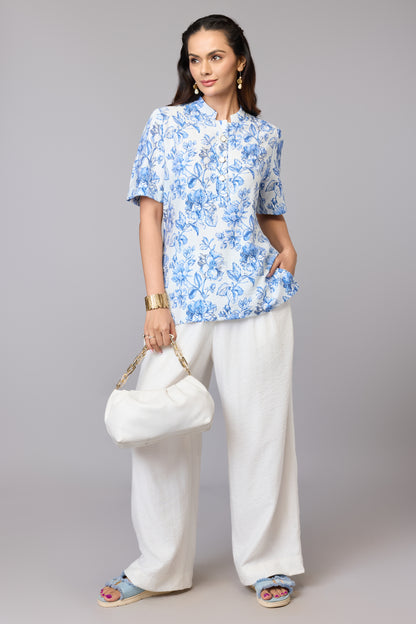 Elegant Blue Floral Print Mandarin Collar Top