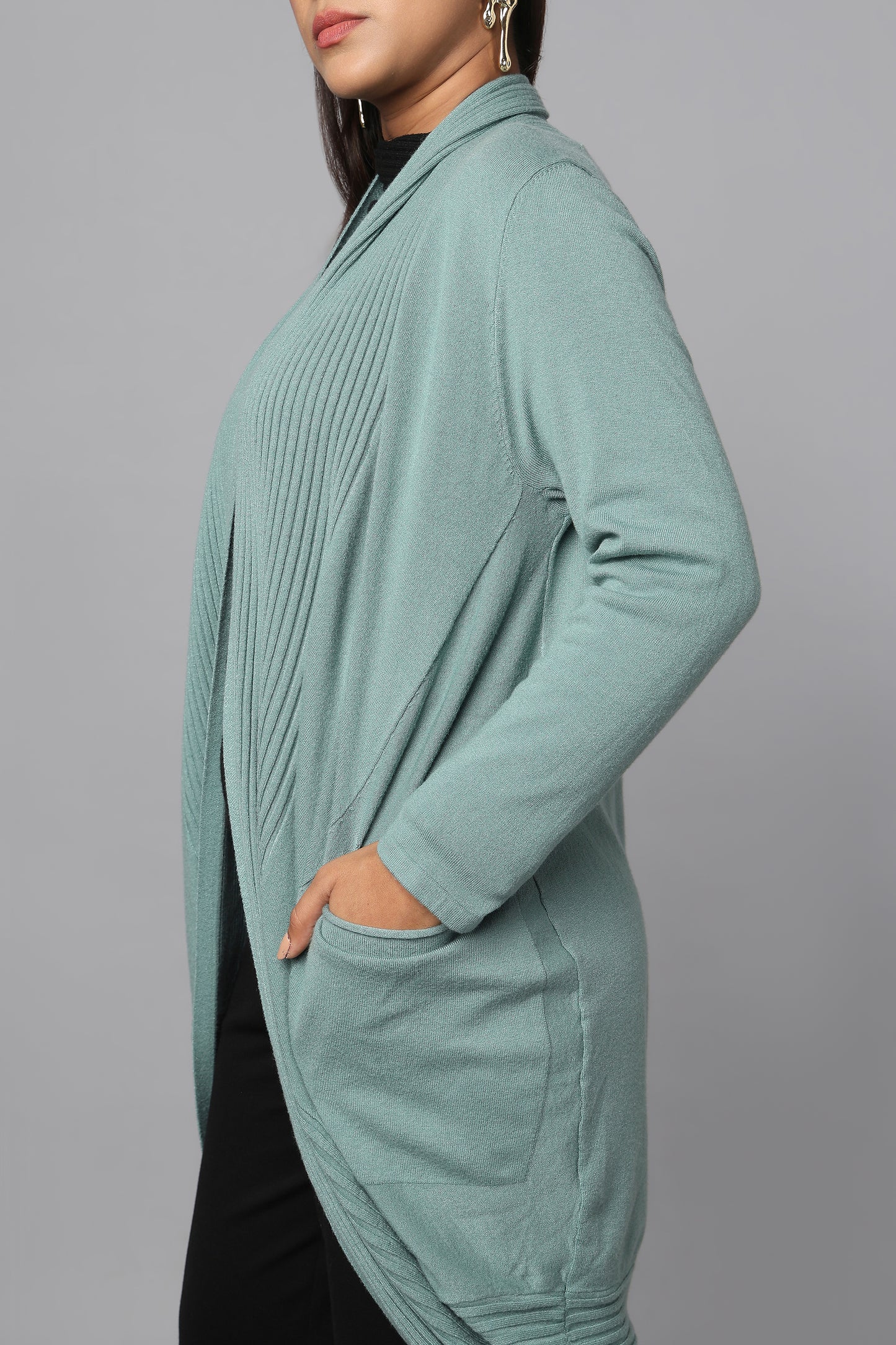 Longline Knit Sweater with Draped Hem - Sage