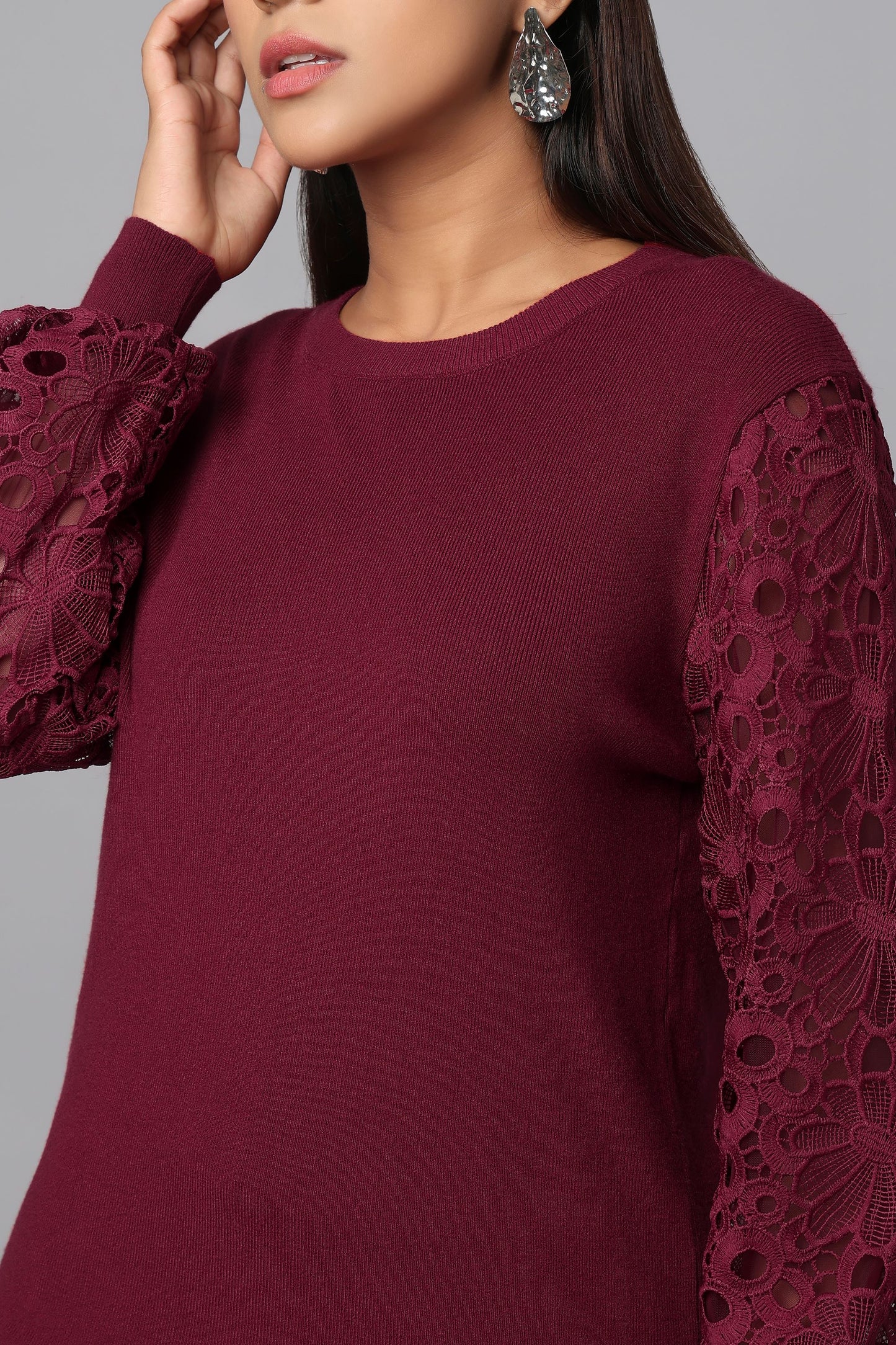 Lace Sleeve Maroon Knit Sweater