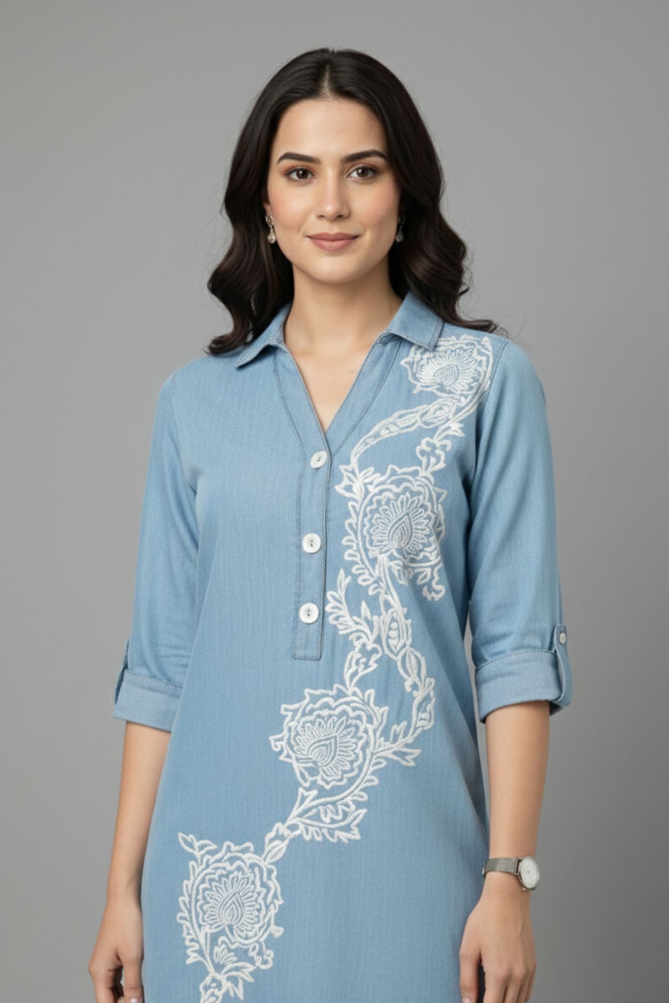 Embroidered Shirt Collar Midi Dress - Blue | Lyocell Denim