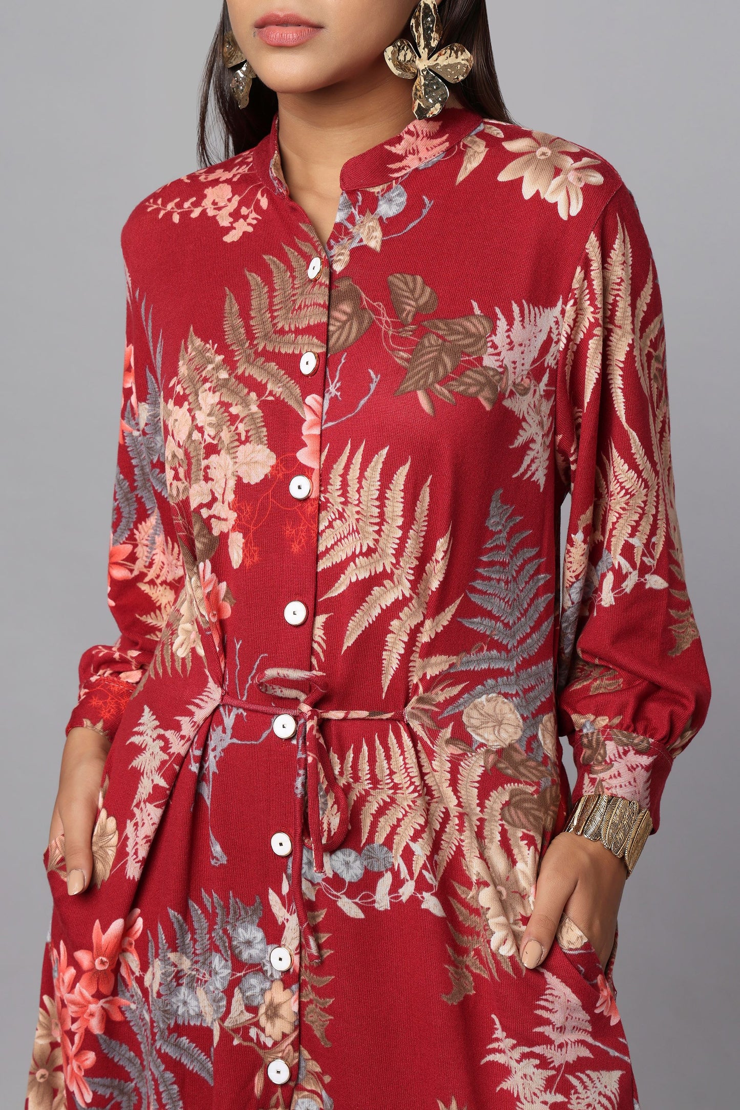 Red Printed Tie-Waist Shirt Dress