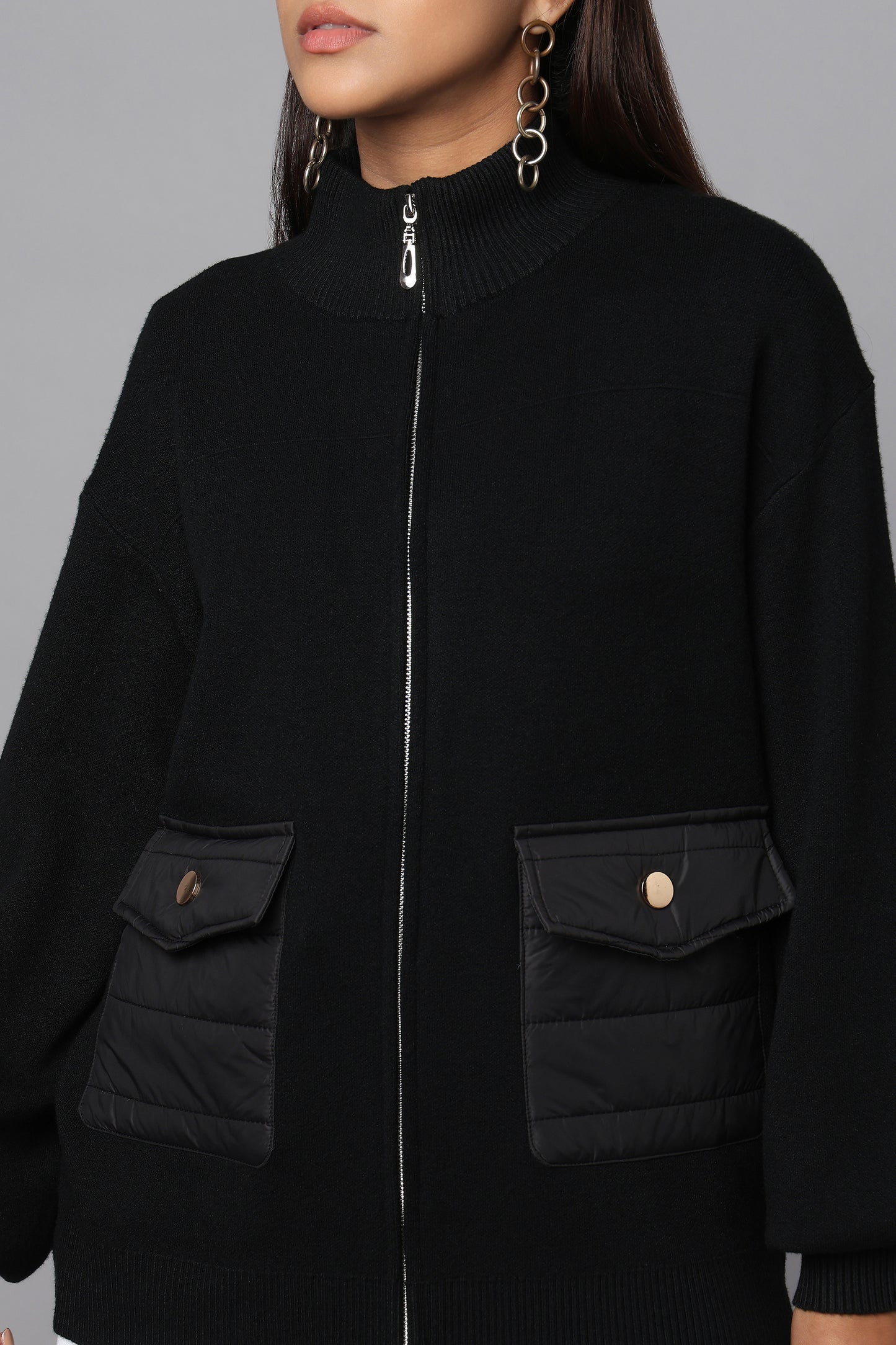 Zip-Up Black Sweater with Quilted Pockets