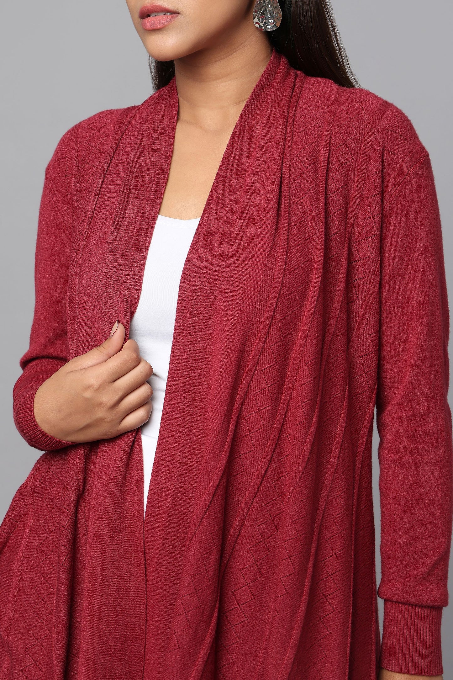 Diamond Knit Longline Cardigan - Maroon