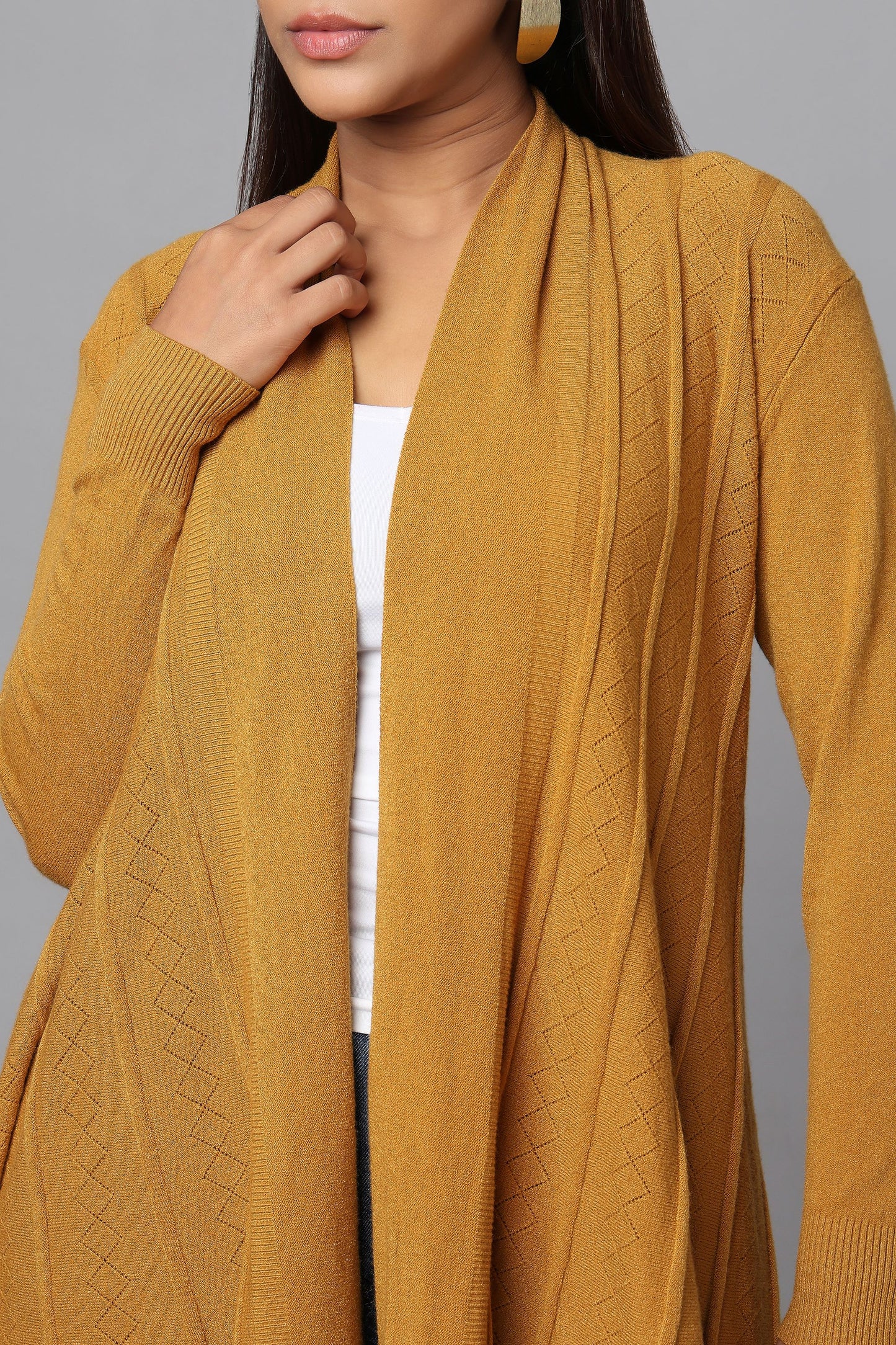 Diamond Knit Longline Cardigan - Ocher