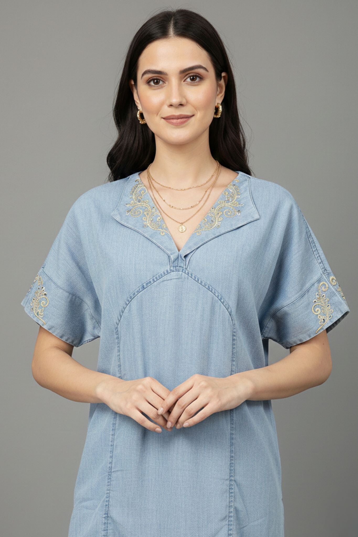 Short Sleeves Embroidered Tunic - Blue | Lyocell Denim