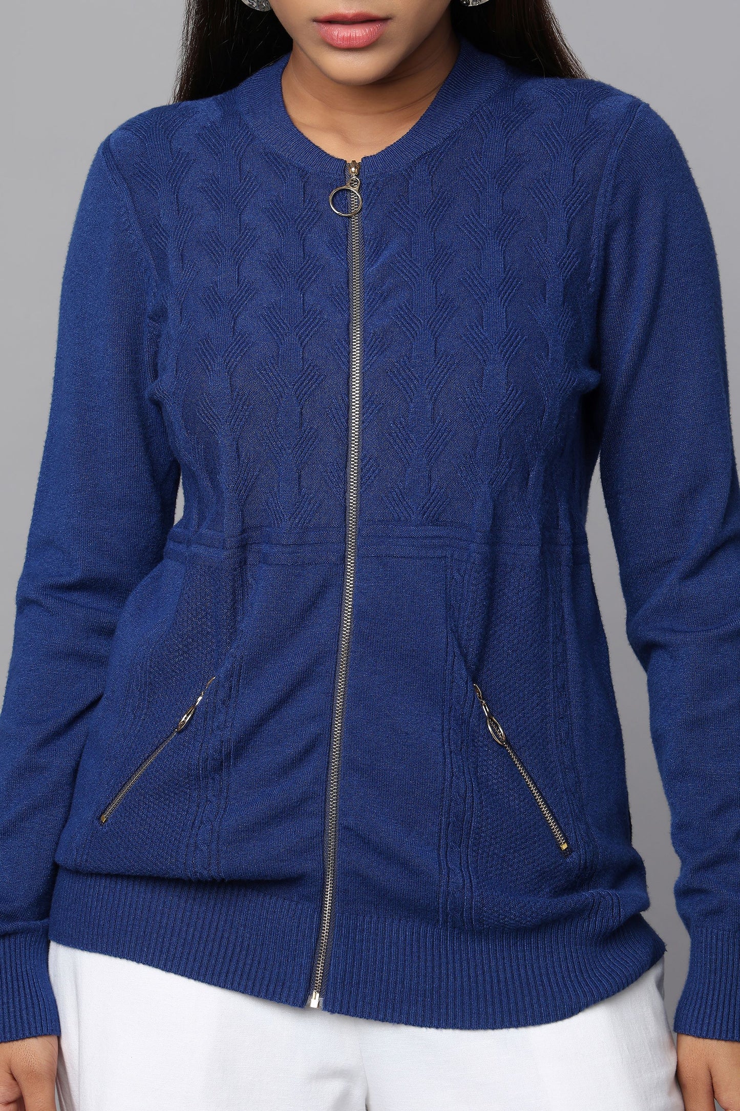Knit Zip-Front Blue Sweater with Pocket Detail