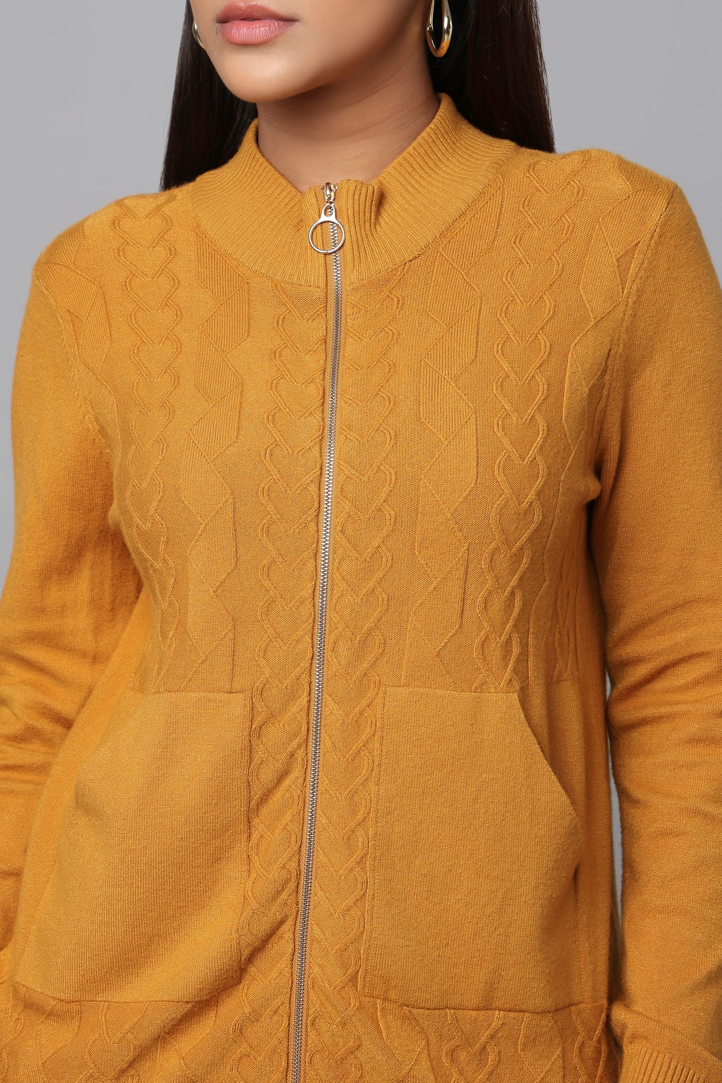 Cable Knit Zip-Up Sweater - Ocher