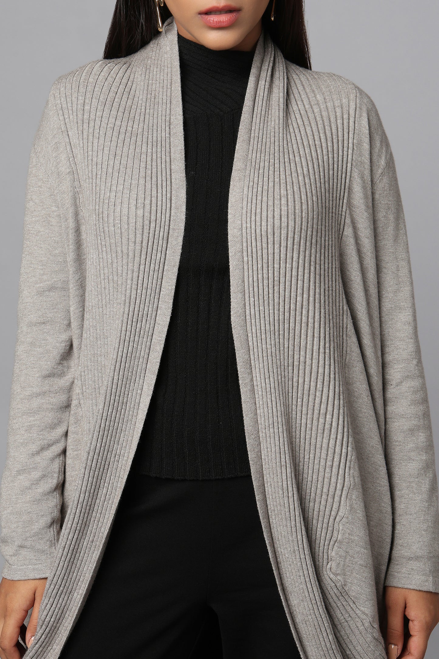 Longline Knit Sweater with Draped Hem - Grey