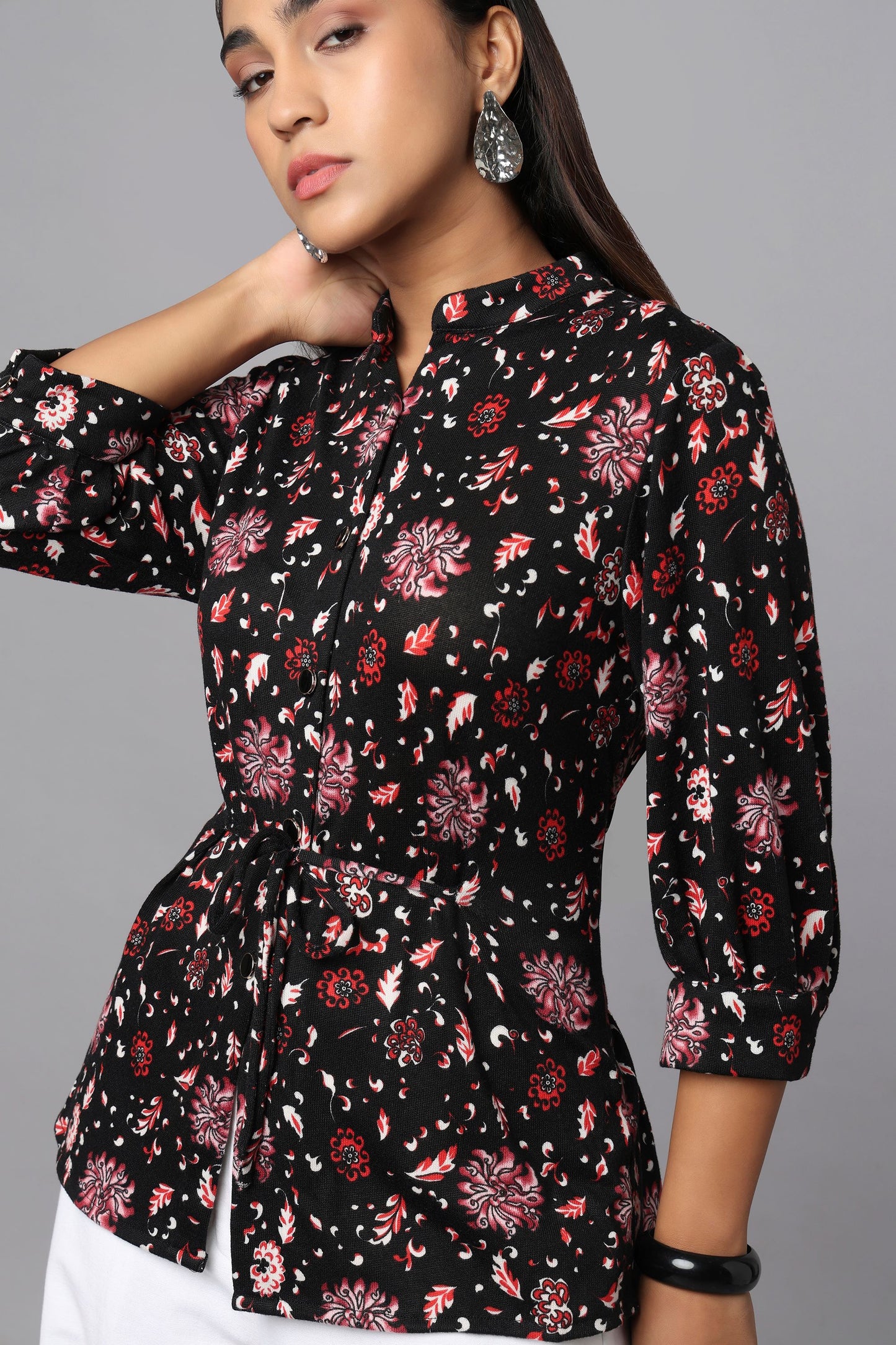 Black Printed Waist-Tie Shirt Top