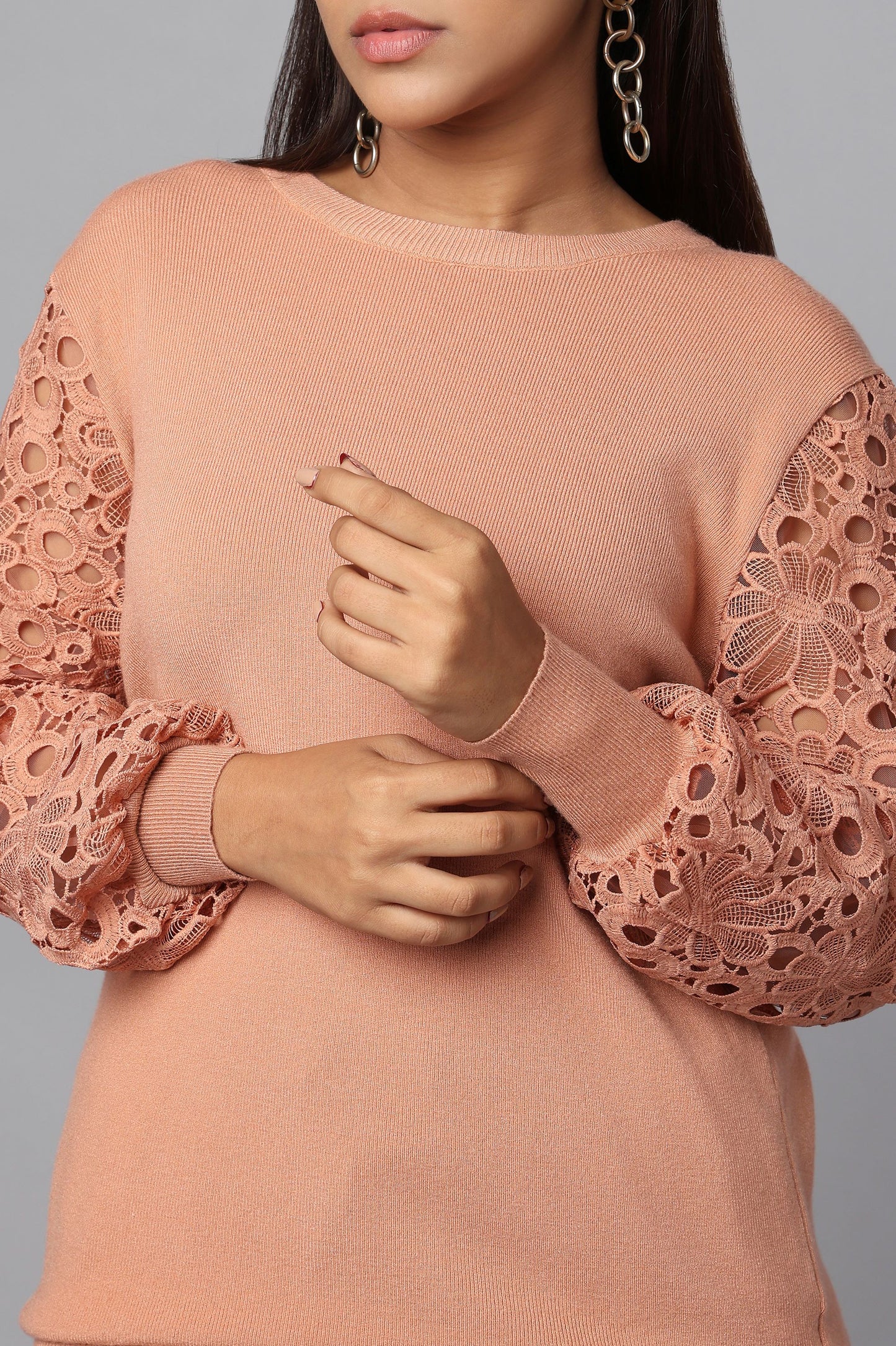 Lace Sleeve Pink Knit Sweater