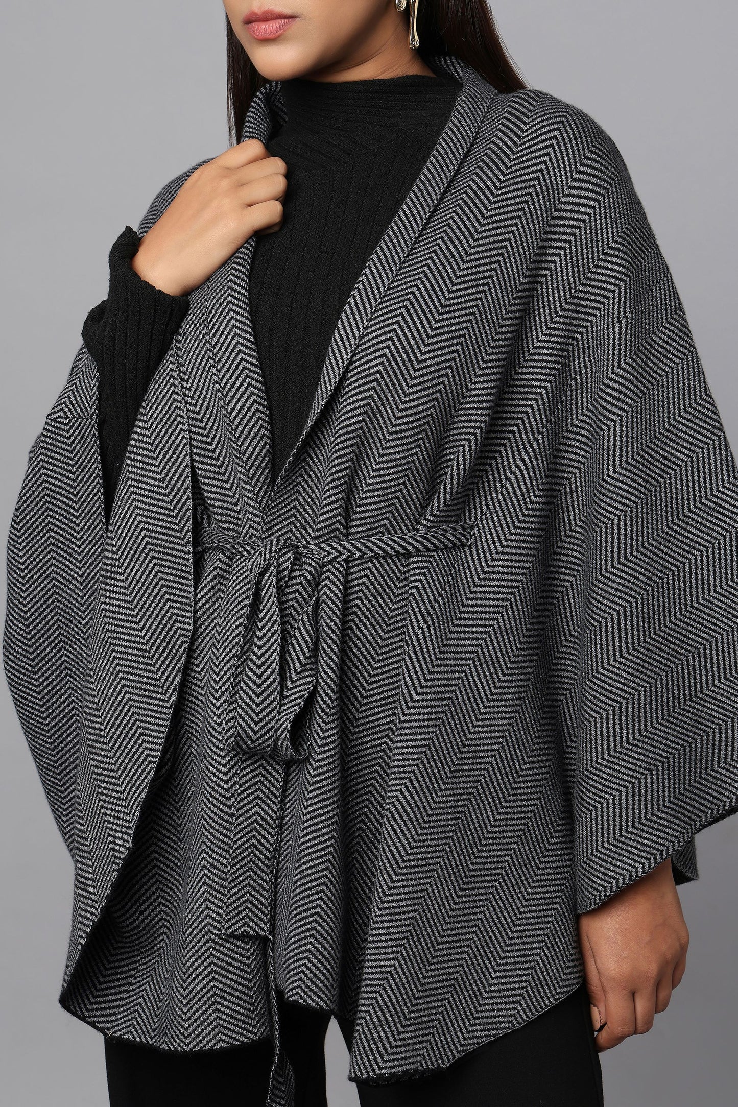 Belted Cape Sweater with Flared Hem - Black