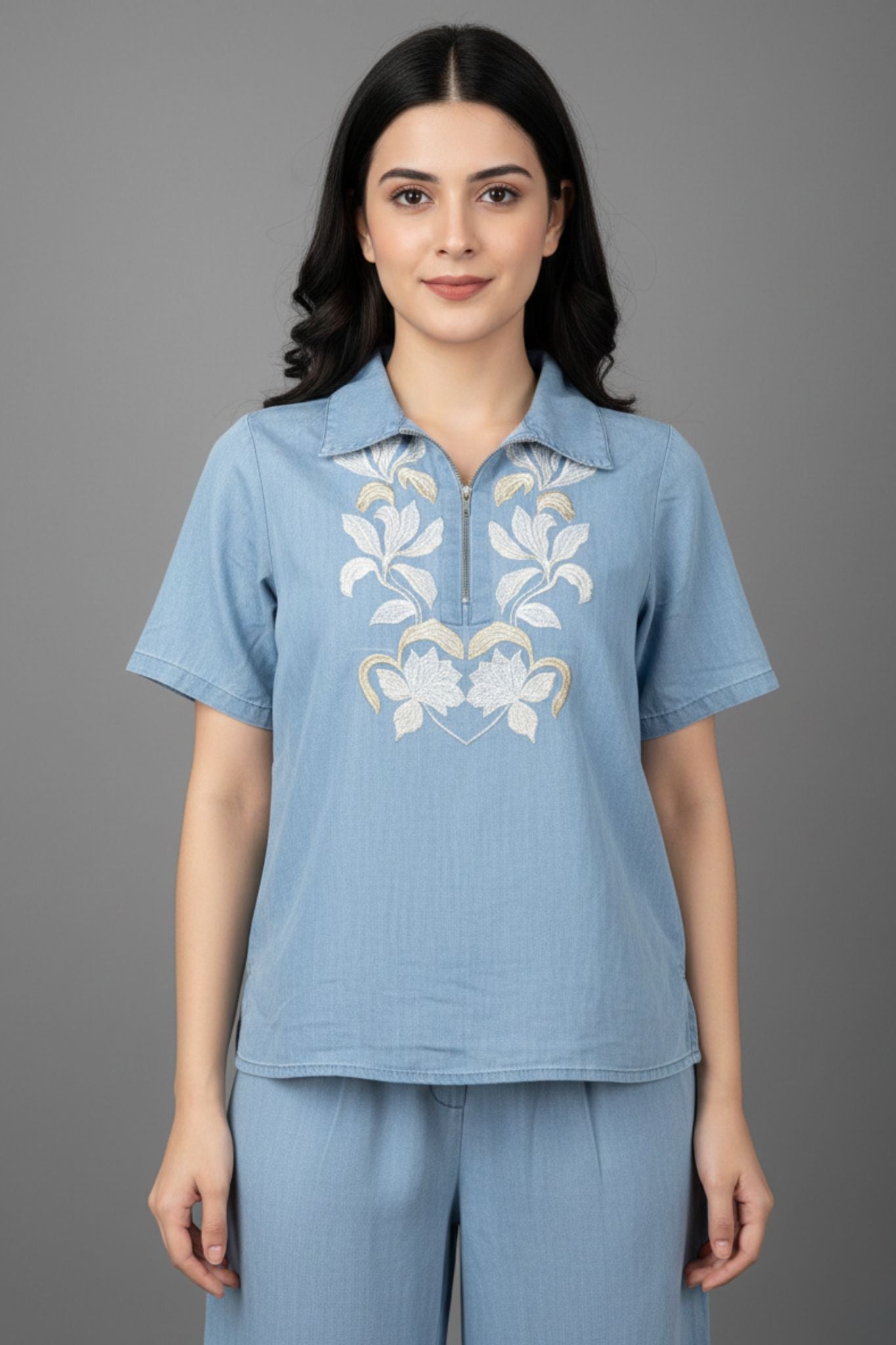 Embroidered Co-Ord Set - Blue | Collared Lyocell Denim