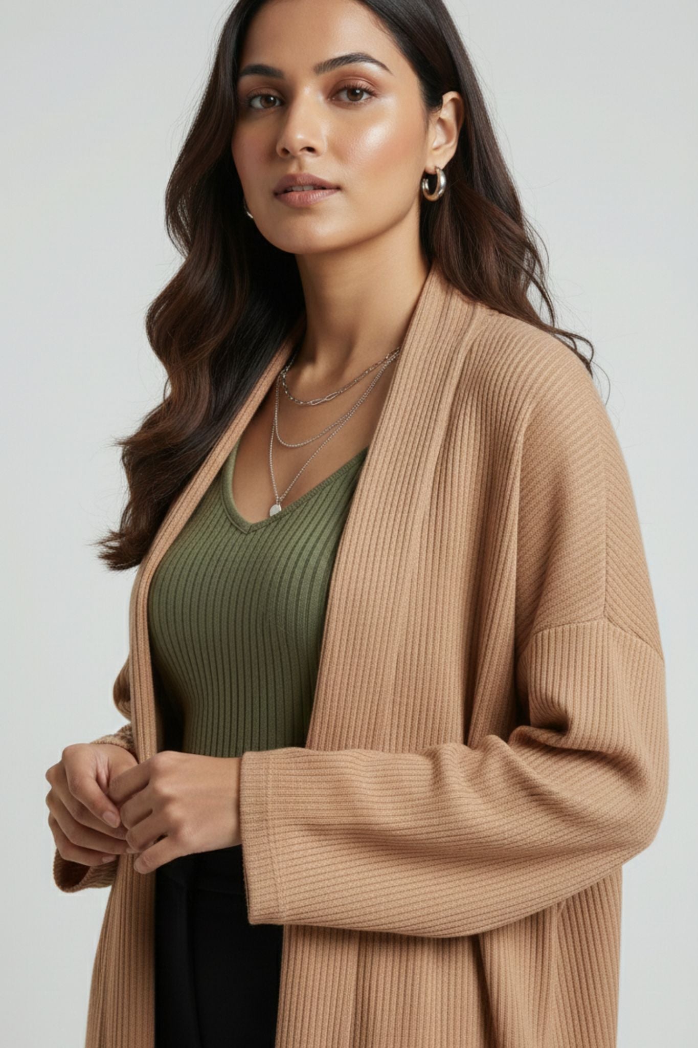 Dark Beige Ribbed Open Shrug