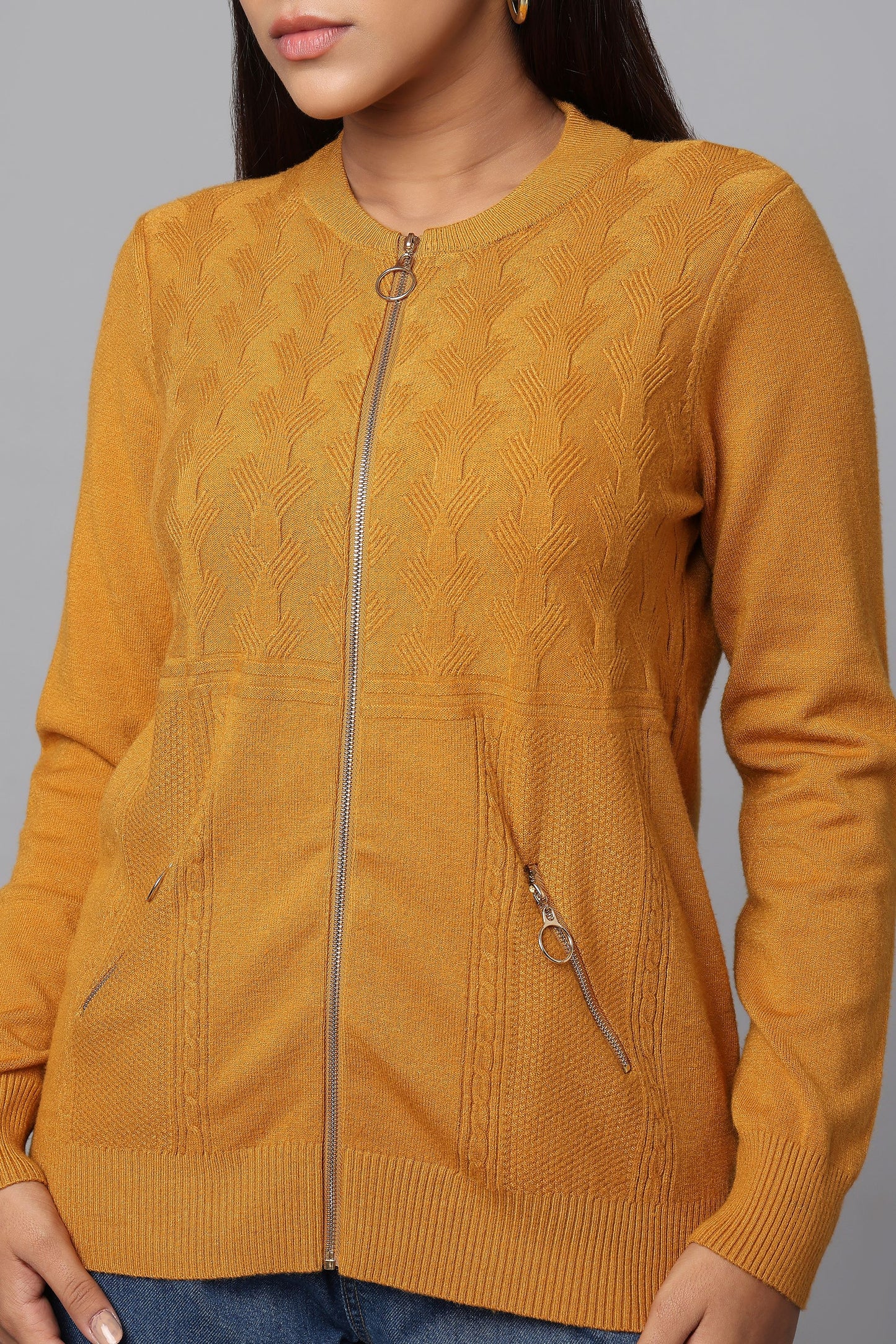 Knit Zip-Front Ocher Sweater with Pocket Detail