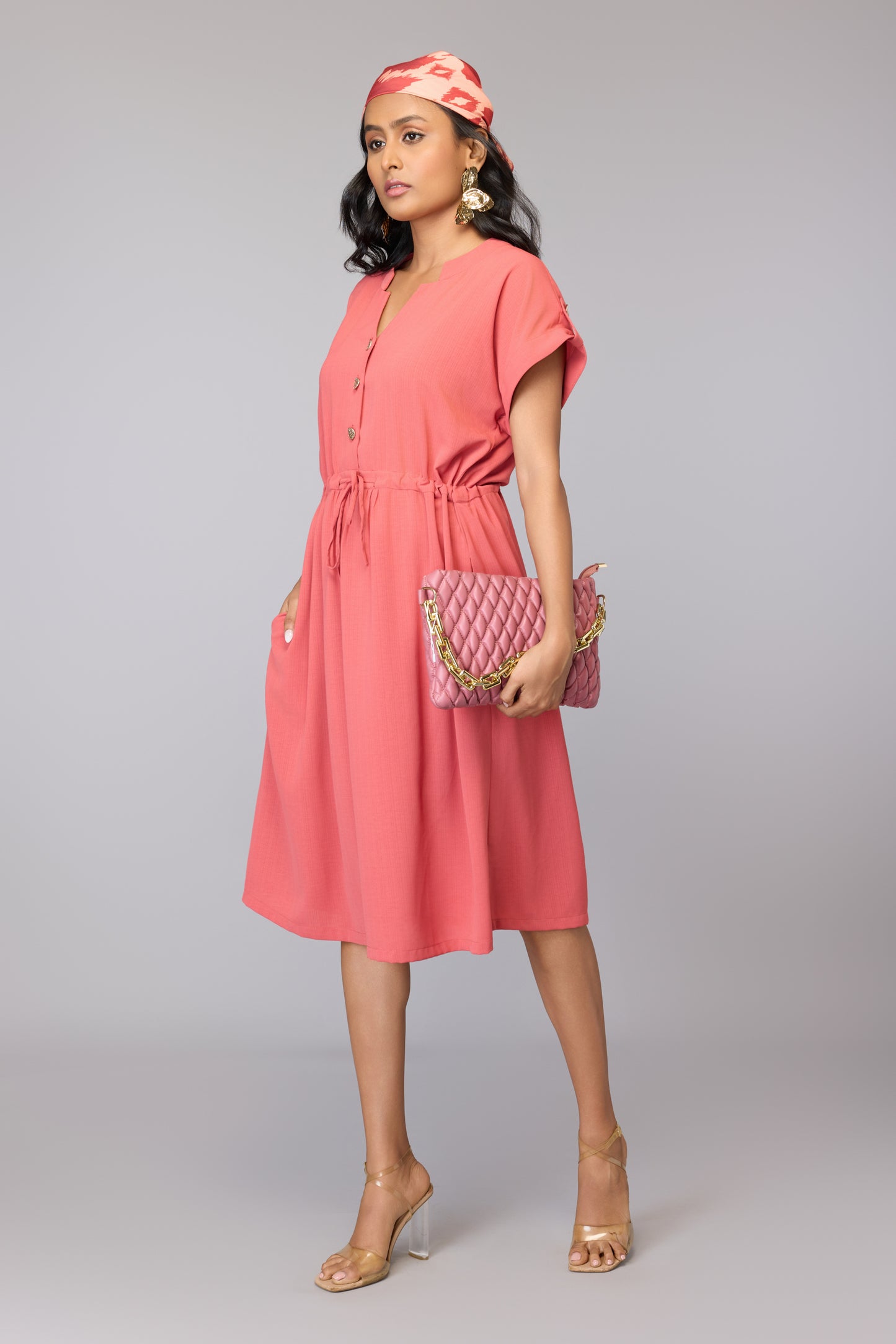 Casual Pink Drawstring Dress